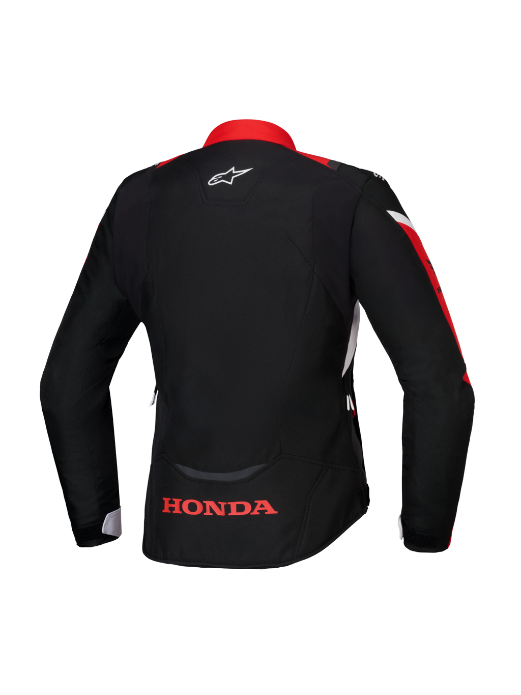 Alpinestars Honda Stella T-Jaws V4 WP Jas, achteraanzicht, zwart met helderrode en witte accenten, voorzien van rood Honda-logo op de onderrug en wit Alpinestars-logo in de nek, waterdichte dames textieljas met sportieve pasvorm