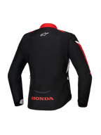 Alpinestars Honda Stella T-Jaws V4 WP Jas, achteraanzicht, zwart met helderrode en witte accenten, voorzien van rood Honda-logo op de onderrug en wit Alpinestars-logo in de nek, waterdichte dames textieljas met sportieve pasvorm