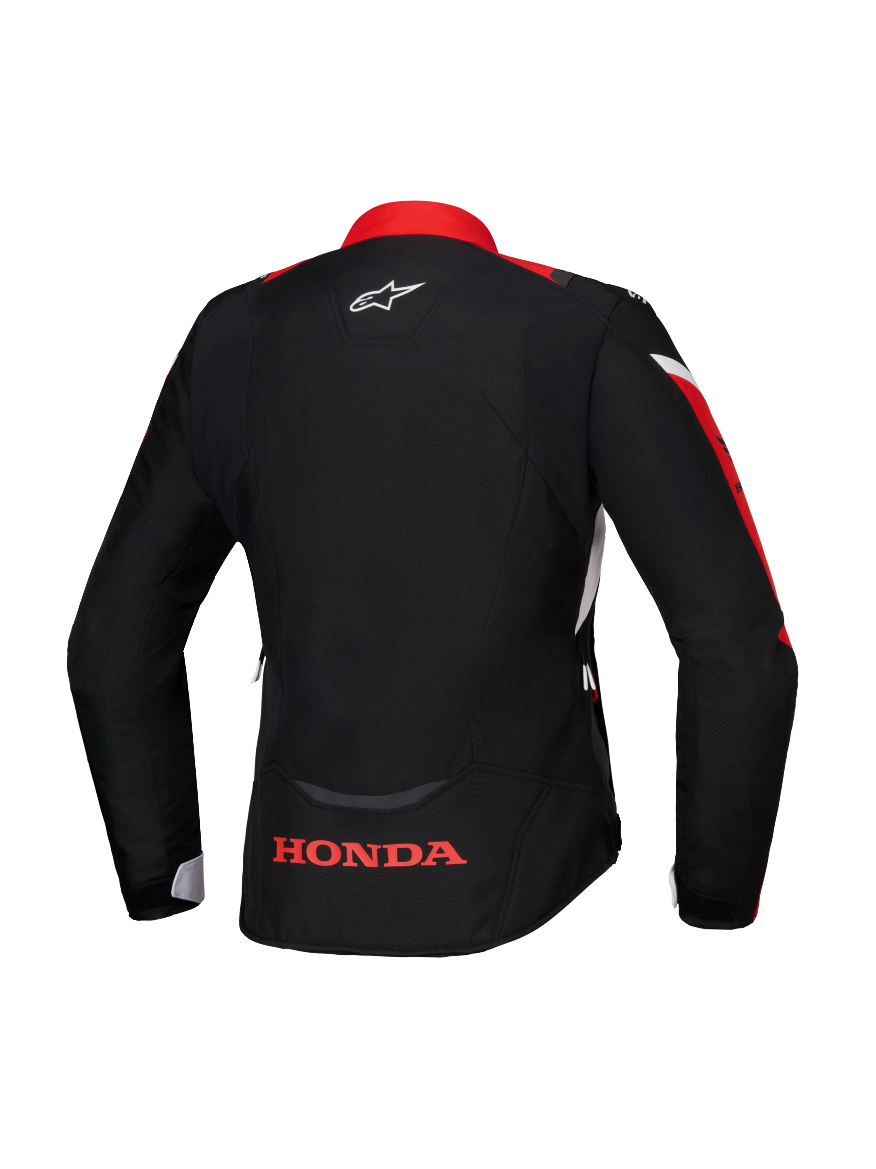 Alpinestars Honda Stella T-Jaws V4 WP Jas, achteraanzicht, zwart met helderrode en witte accenten, voorzien van rood Honda-logo op de onderrug en wit Alpinestars-logo in de nek, waterdichte dames textieljas met sportieve pasvorm
