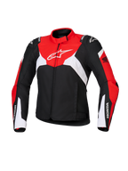 Alpinestars Honda Stella T-Jaws V4 WP motorjas voor dames, waterdichte sportieve motorjas, zwart met helderrode en witte panelen, voorzien van Honda-branding op de mouwen en een wit Alpinestars-logo op de borst, technische textielconstructie met een sportief silhouet