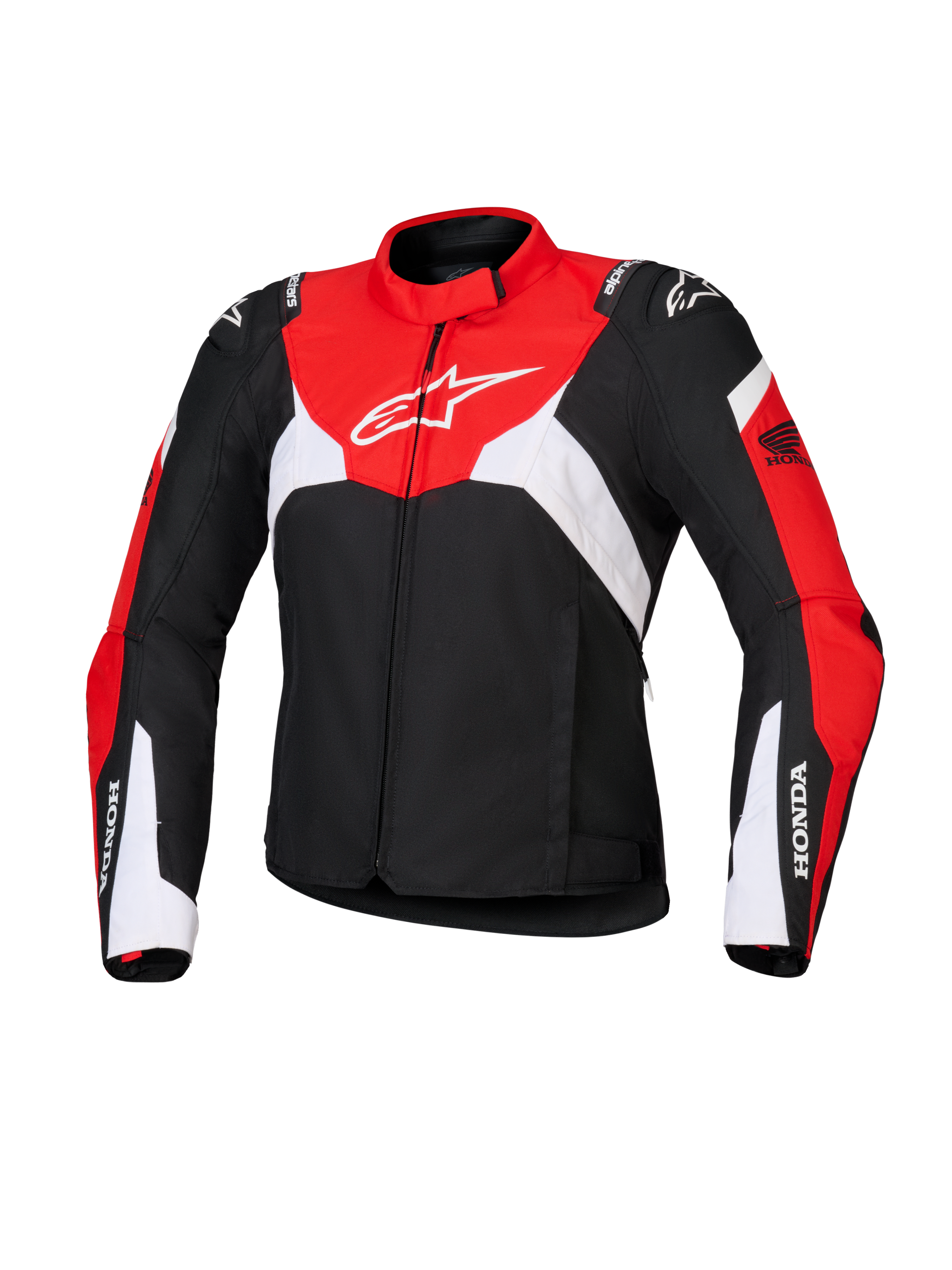 Alpinestars Honda Stella T-Jaws V4 WP motorjas voor dames, waterdichte sportieve motorjas, zwart met helderrode en witte panelen, voorzien van Honda-branding op de mouwen en een wit Alpinestars-logo op de borst, technische textielconstructie met een sportief silhouet
