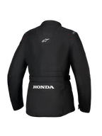 Alpinestars Honda Stella ST-1 WP jas, waterdichte motorjas voor dames, zwart, achteraanzicht met groot wit Honda-logo op de cargozak op de onderrug, Alpinestars-logo op de bovenrug, technische textielconstructie met adventure touring-silhouet en rode stiksels.