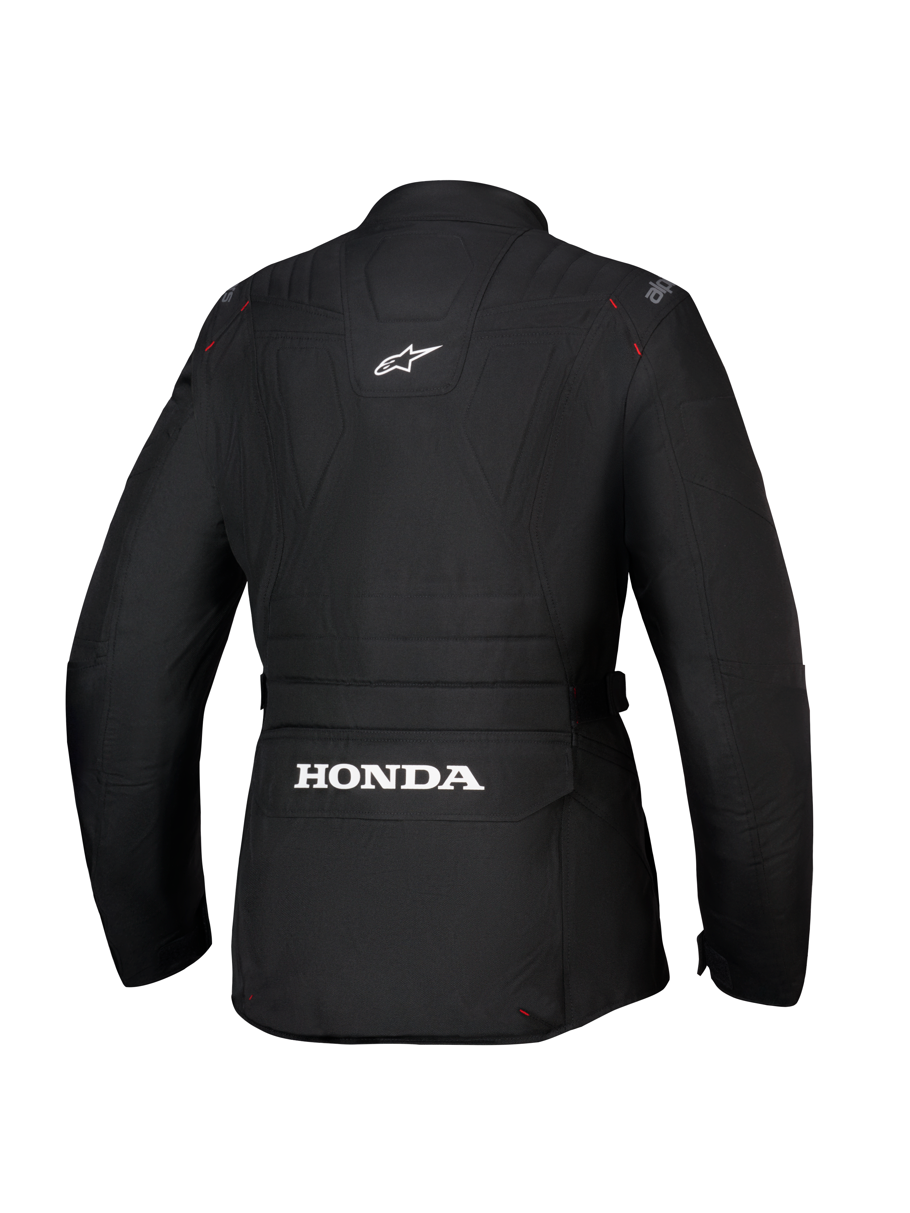 Alpinestars Honda Stella ST-1 WP jas, waterdichte motorjas voor dames, zwart, achteraanzicht met groot wit Honda-logo op de cargozak op de onderrug, Alpinestars-logo op de bovenrug, technische textielconstructie met adventure touring-silhouet en rode stiksels.