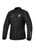 Alpinestars Honda Stella ST-1 WP motorjas, waterdichte tourjas voor dames, zwart met rode accenten en witte Honda-logo's, hoge kraag, ritssluiting aan de voorzijde, uitbreidbare cargozakken, duurzame textiele adventure-uitrusting