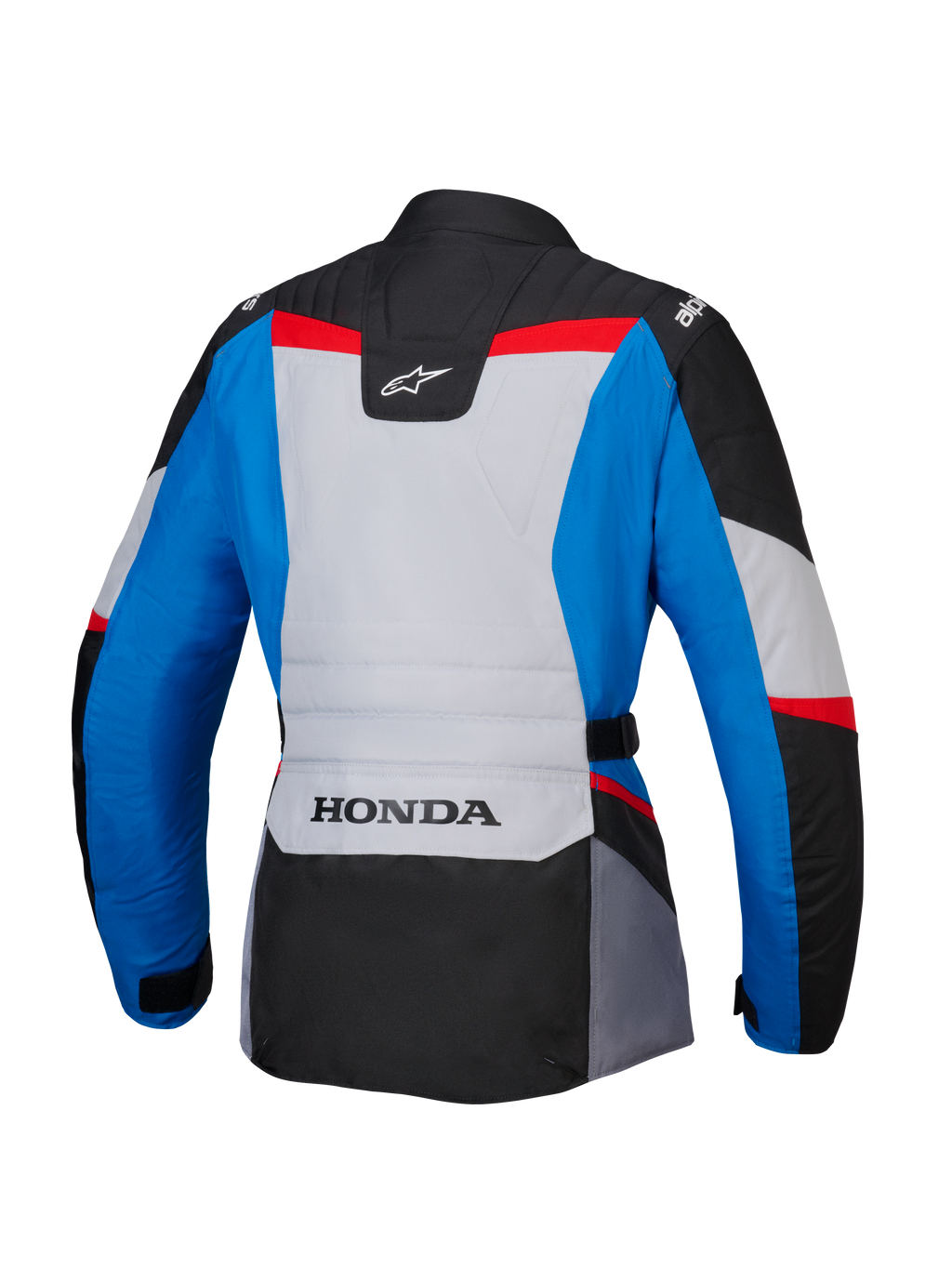 Alpinestars Honda Stella ST-1 WP damesjas, achteraanzicht, adventure touring motorjas in blauw, ijsgrijs en zwart met rode accenten, voorzien van HONDA-branding op de onderrug en Alpinestars-logo's op de schouders en bovenrug.