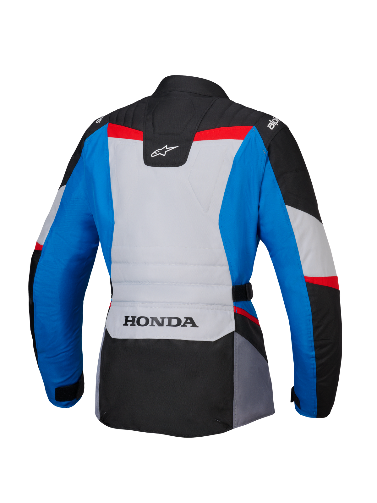 Alpinestars Honda Stella ST-1 WP damesjas, achteraanzicht, adventure touring motorjas in blauw, ijsgrijs en zwart met rode accenten, voorzien van HONDA-branding op de onderrug en Alpinestars-logo's op de schouders en bovenrug.