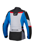 Alpinestars Honda Stella ST-1 WP damesjas, achteraanzicht, adventure touring motorjas in blauw, ijsgrijs en zwart met rode accenten, voorzien van HONDA-branding op de onderrug en Alpinestars-logo's op de schouders en bovenrug.