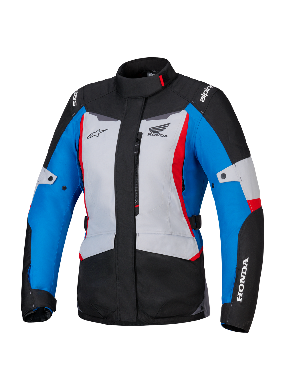 Alpinestars Honda Stella ST-1 WP damesjas, waterdichte motorjas voor dames, Ice Gray, blauw en zwart met rode accenten, hoge kraag en ritssluiting aan de voorzijde, Honda en Alpinestars logo's op de borst en mouwen, duurzame adventure touring textieljas