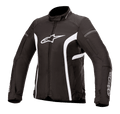 Alpinestars Stella T-Kira V2 Waterproof motorjas, textiel damesjas, zwart en wit, met een hoge kraag, centrale ritssluiting, wit logo op de borst en gebogen witte strepen aan de zijkanten, sportief ontwerp voor op de weg