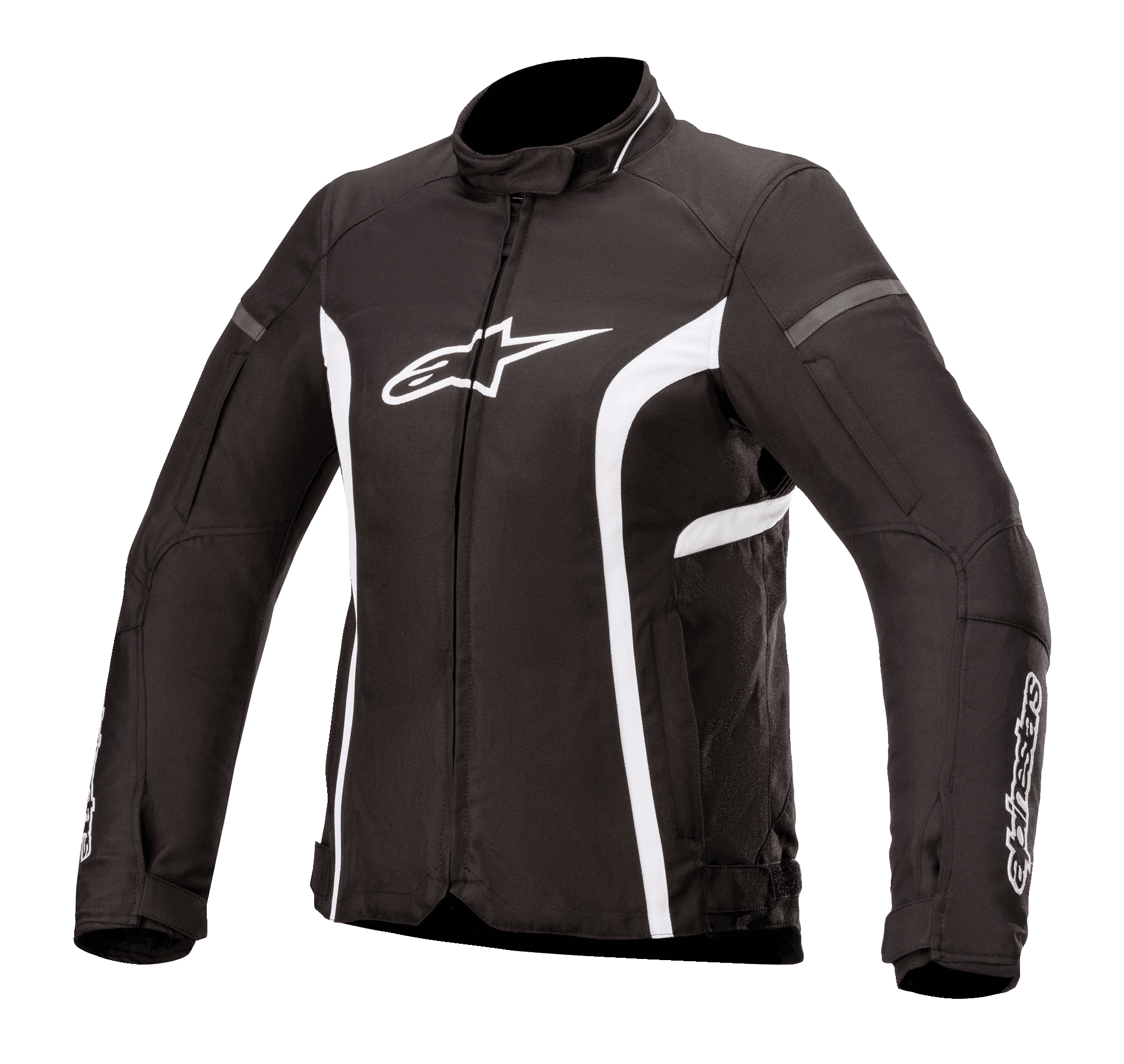 Alpinestars Stella T-Kira V2 Waterproof motorjas, textiel damesjas, zwart en wit, met een hoge kraag, centrale ritssluiting, wit logo op de borst en gebogen witte strepen aan de zijkanten, sportief ontwerp voor op de weg