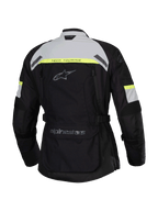 Alpinestars Stella Bogota' Pro Drystar® jas, achteraanzicht, zwart met Ice Gray en Yellow Fluo accenten, dames adventure touring motorjas voorzien van Tech Touring-branding en een grote opbergzak op de onderrug