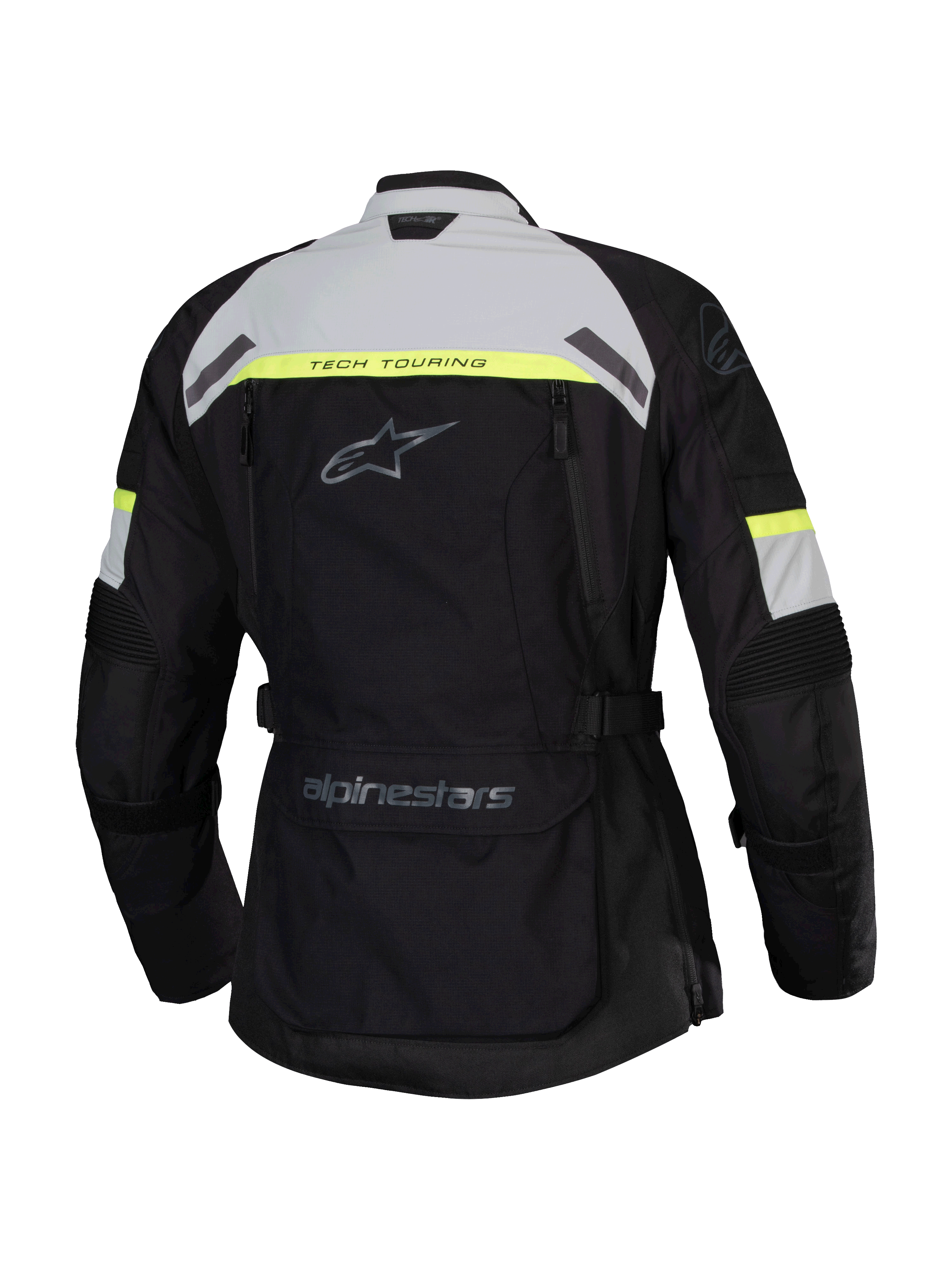 Alpinestars Stella Bogota' Pro Drystar® jas, achteraanzicht, zwart met Ice Gray en Yellow Fluo accenten, dames adventure touring motorjas voorzien van Tech Touring-branding en een grote opbergzak op de onderrug