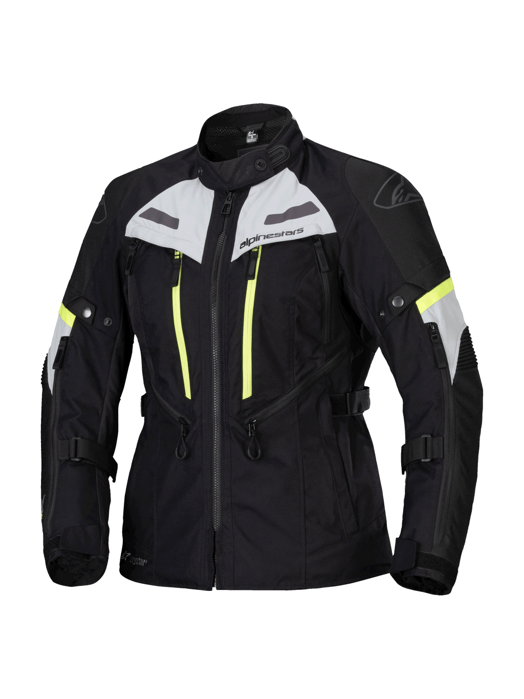 Alpinestars Stella Bogotá Pro Drystar jas, dames motorjas voor touring, zwart met ijsgrijs en neongeel, waterdichte en ademende textielconstructie, met uitgebreide ventilatieritsen en verstelbare banden voor adventure-ritten