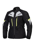 Alpinestars Stella Bogotá Pro Drystar jas, dames motorjas voor touring, zwart met ijsgrijs en neongeel, waterdichte en ademende textielconstructie, met uitgebreide ventilatieritsen en verstelbare banden voor adventure-ritten