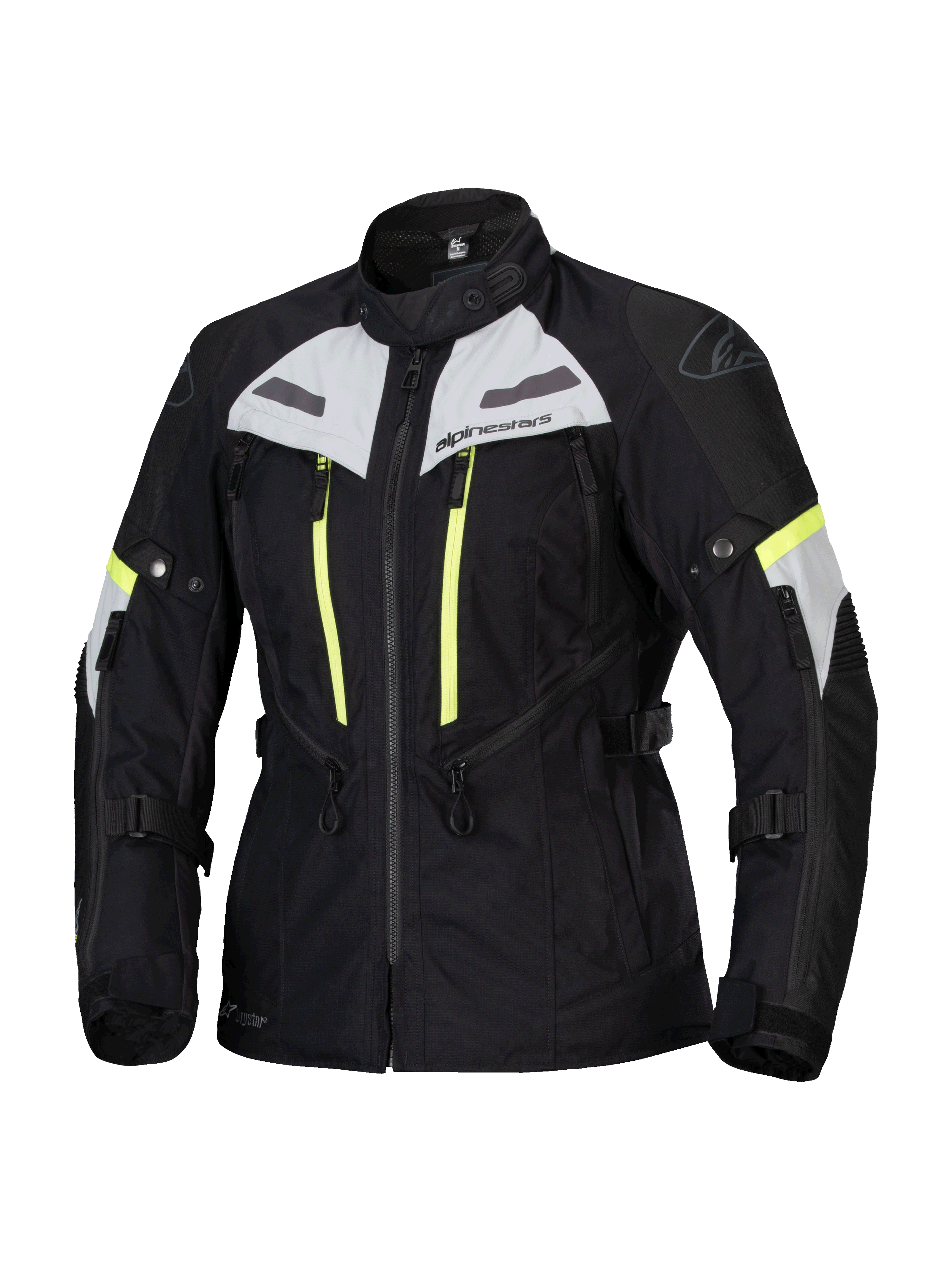Alpinestars Stella Bogotá Pro Drystar jas, dames motorjas voor touring, zwart met ijsgrijs en neongeel, waterdichte en ademende textielconstructie, met uitgebreide ventilatieritsen en verstelbare banden voor adventure-ritten