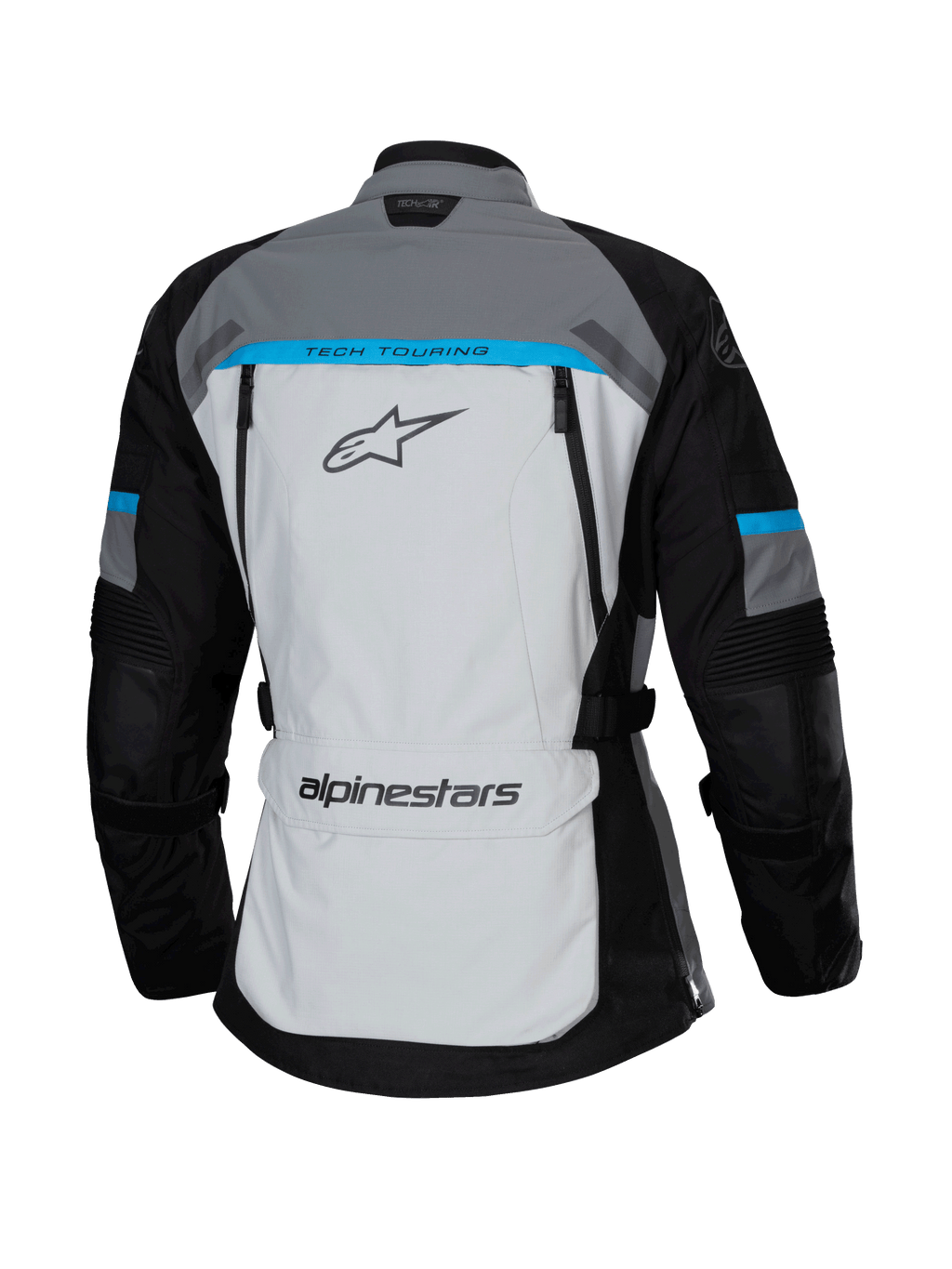 Alpinestars Stella Bogotá Pro Drystar® Jas, Ice Gray, zwart en cyaan, achteraanzicht met een groot lichtgrijs paneel voorzien van 'TECH TOURING' branding, zwarte mouwen met cyaan accenten en een opbergzak op de onderrug.