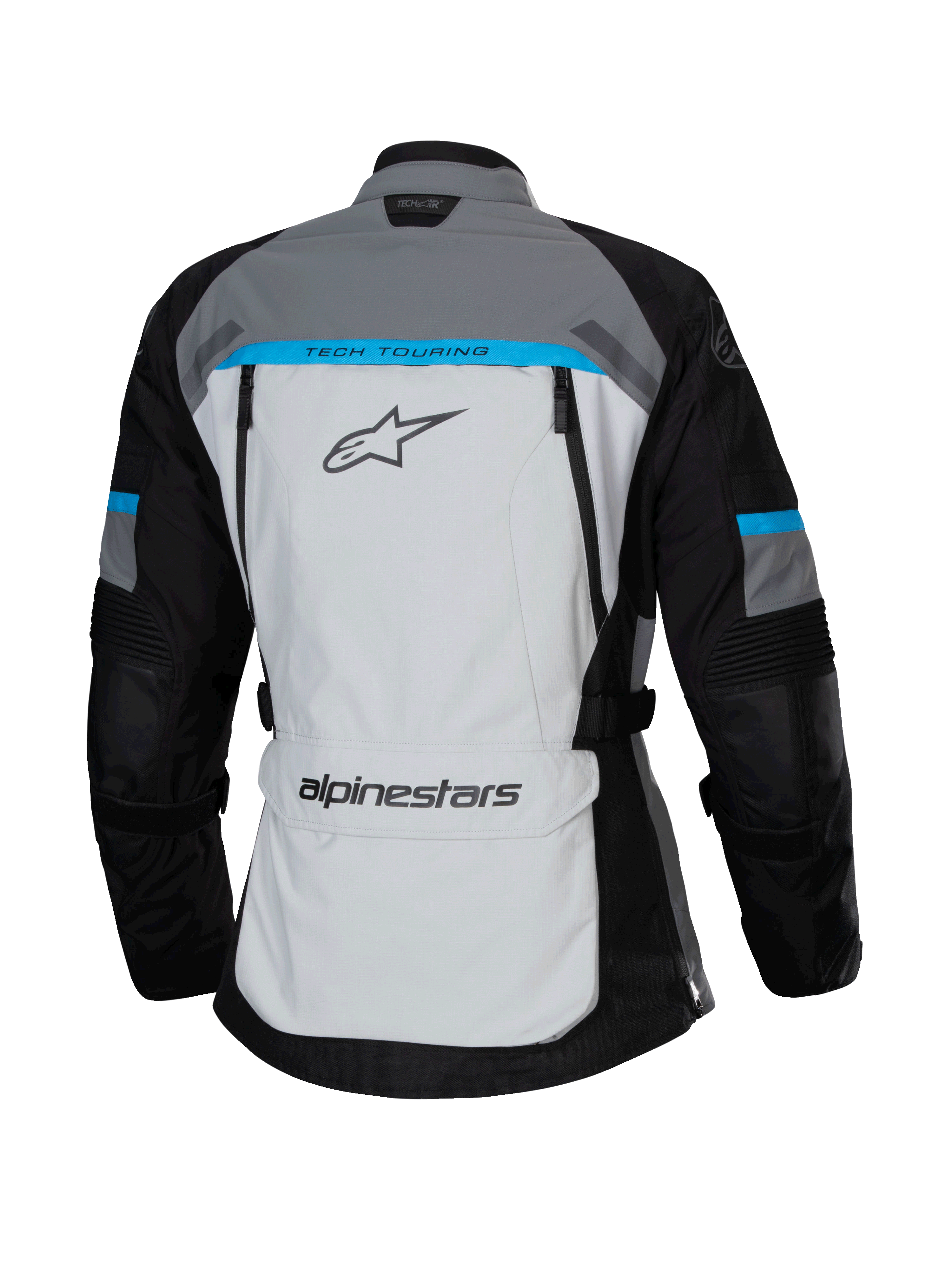 Alpinestars Stella Bogotá Pro Drystar® Jas, Ice Gray, zwart en cyaan, achteraanzicht met een groot lichtgrijs paneel voorzien van 'TECH TOURING' branding, zwarte mouwen met cyaan accenten en een opbergzak op de onderrug.
