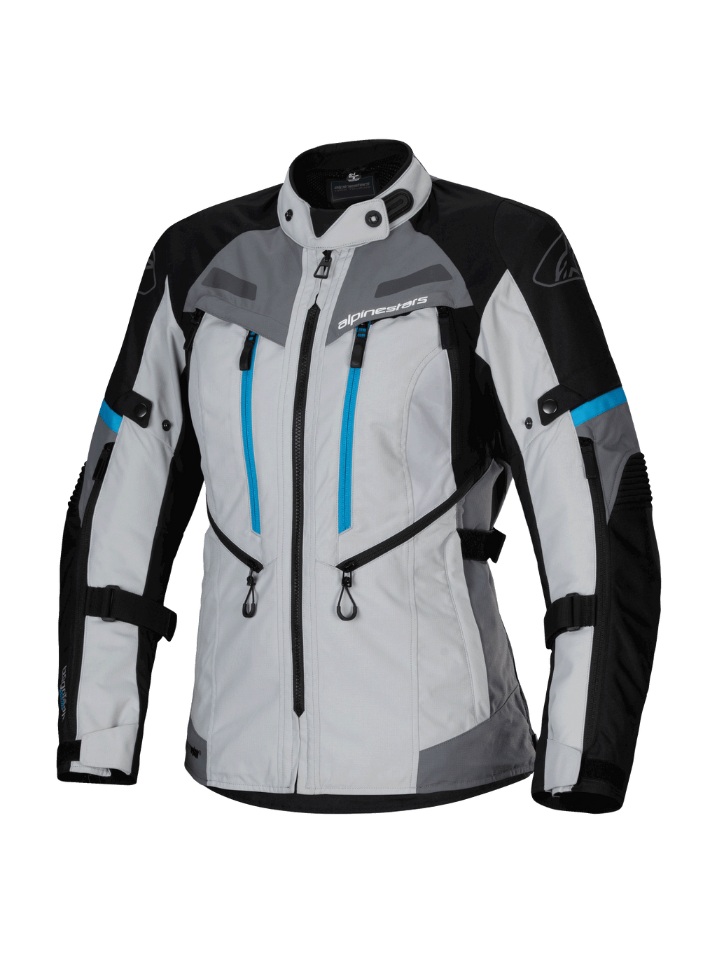 Alpinestars Stella Bogota' Pro Drystar® jas, dames adventure touringjas, lichtgrijs, zwart en cyaan, voorzien van waterdicht Drystar®-membraan, dubbele verticale blauwe borstritsen, verstelbare banden op de armen en taille, en verstevigde beschermende panelen