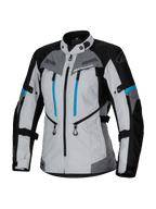 Alpinestars Stella Bogota' Pro Drystar® jas, dames adventure touringjas, lichtgrijs, zwart en cyaan, voorzien van waterdicht Drystar®-membraan, dubbele verticale blauwe borstritsen, verstelbare banden op de armen en taille, en verstevigde beschermende panelen