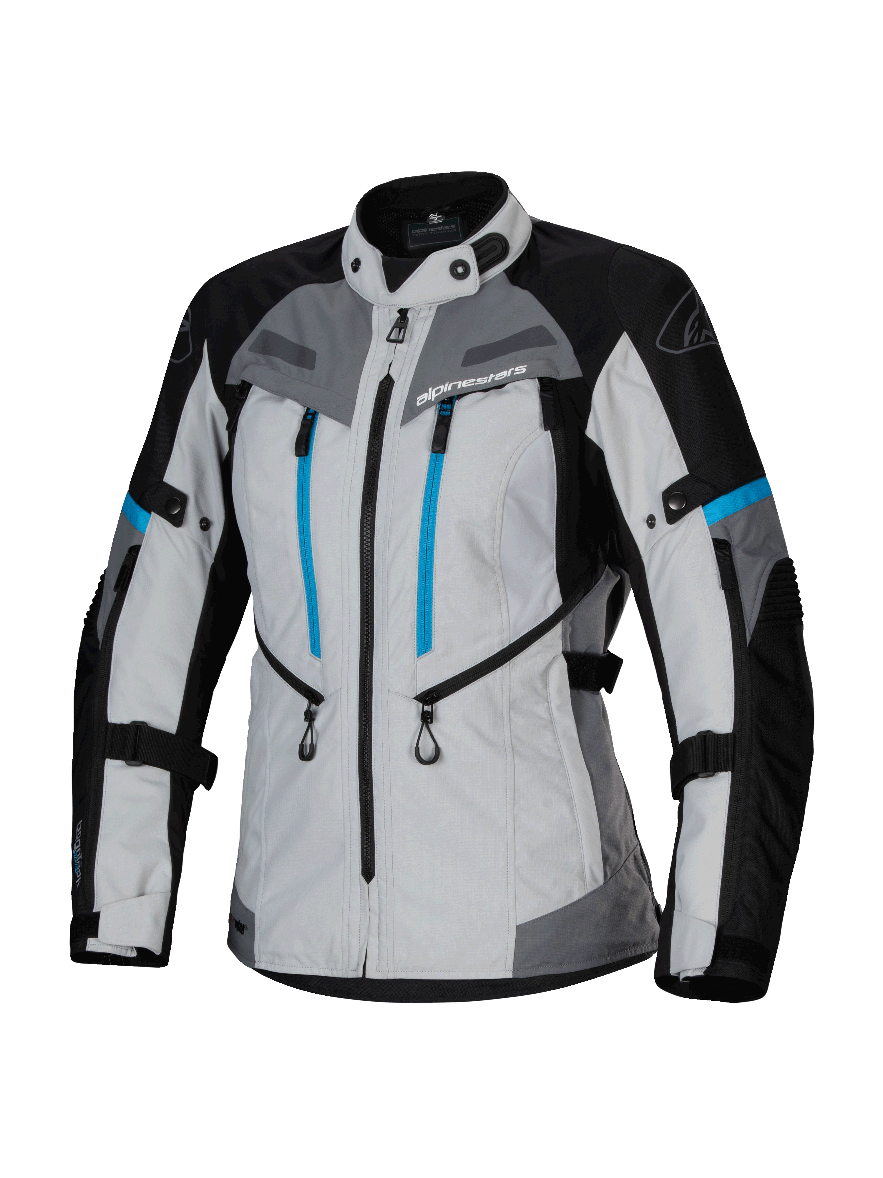 Alpinestars Stella Bogota' Pro Drystar® jas, dames adventure touringjas, lichtgrijs, zwart en cyaan, voorzien van waterdicht Drystar®-membraan, dubbele verticale blauwe borstritsen, verstelbare banden op de armen en taille, en verstevigde beschermende panelen