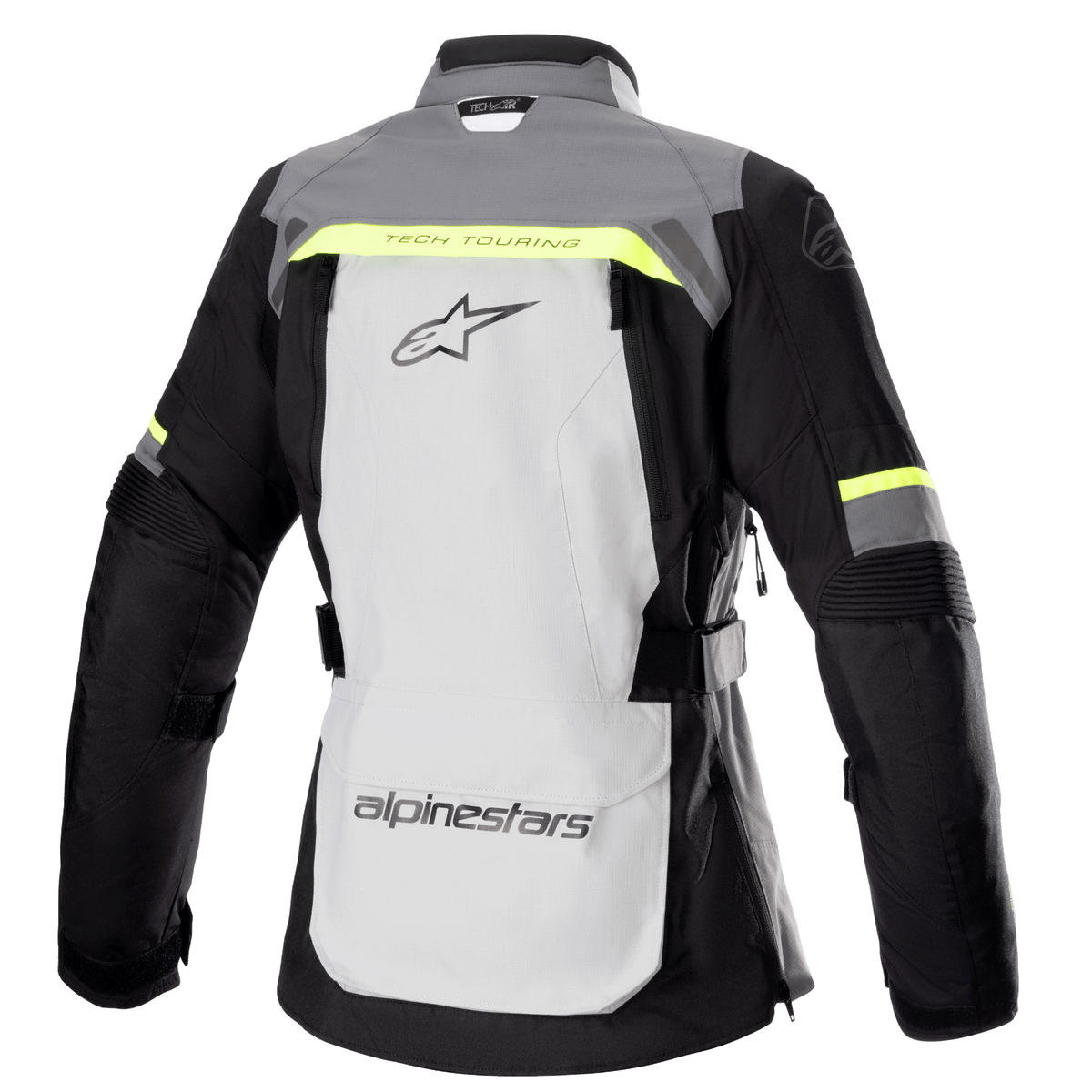 Alpinestars Stella Bogotá Pro Drystar® dames motorjas, achteraanzicht, Ice Gray en Dark Gray met fluorescerend gele accenten, voorzien van een groot logo op de rug, 'Tech Touring' tekst, verticale ventilatieritsen en versterkte accordeonpanelen op de ellebogen.