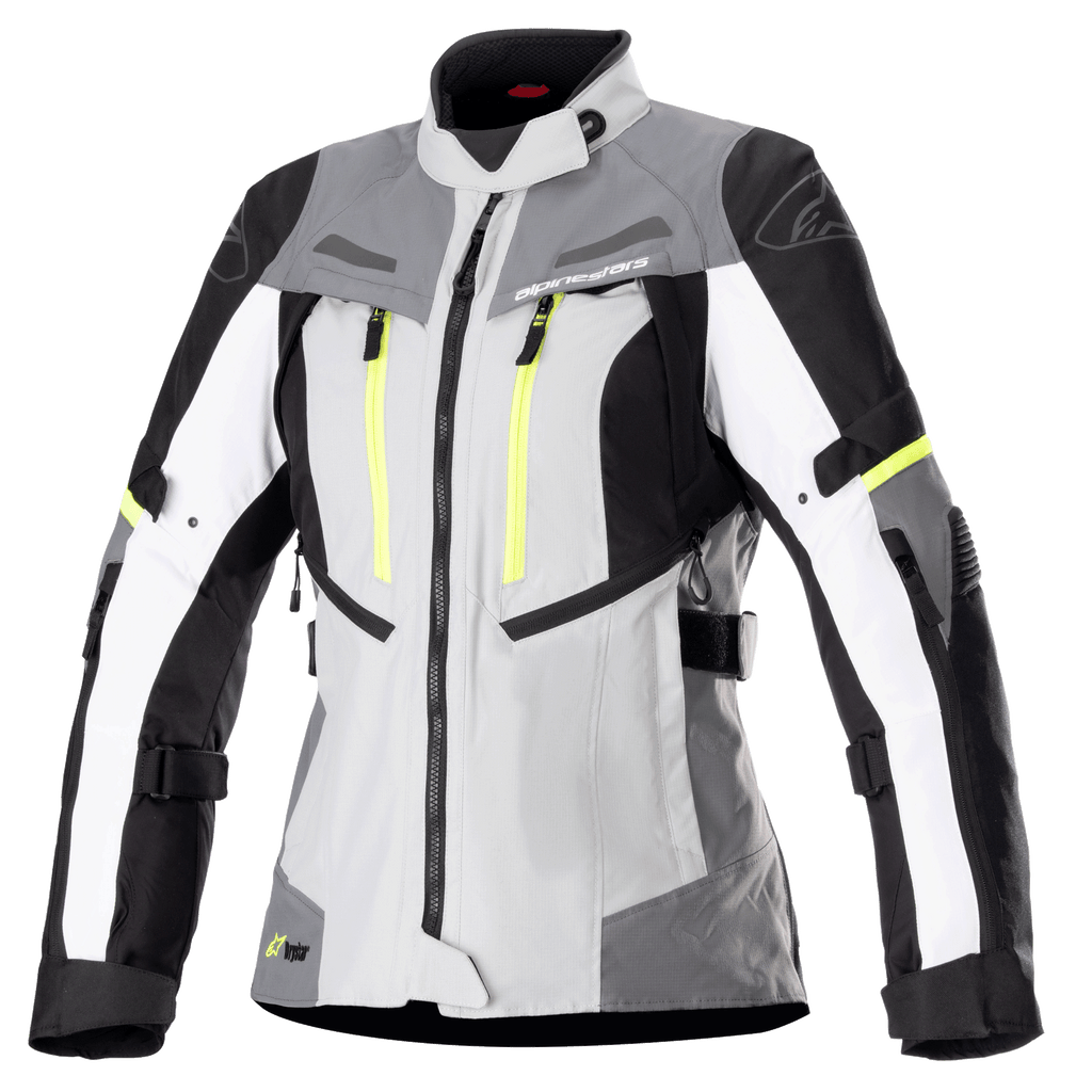 Alpinestars Stella Bogota Pro Drystar dames motorjas, touringjas, Ice Gray en donkergrijs met witte en neongele accenten, waterdichte textielconstructie met verstelbare riemen en ventilatieritsen, vooraanzicht op witte achtergrond
