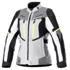 Alpinestars Stella Bogota Pro Drystar dames motorjas, touringjas, Ice Gray en donkergrijs met witte en neongele accenten, waterdichte textielconstructie met verstelbare riemen en ventilatieritsen, vooraanzicht op witte achtergrond