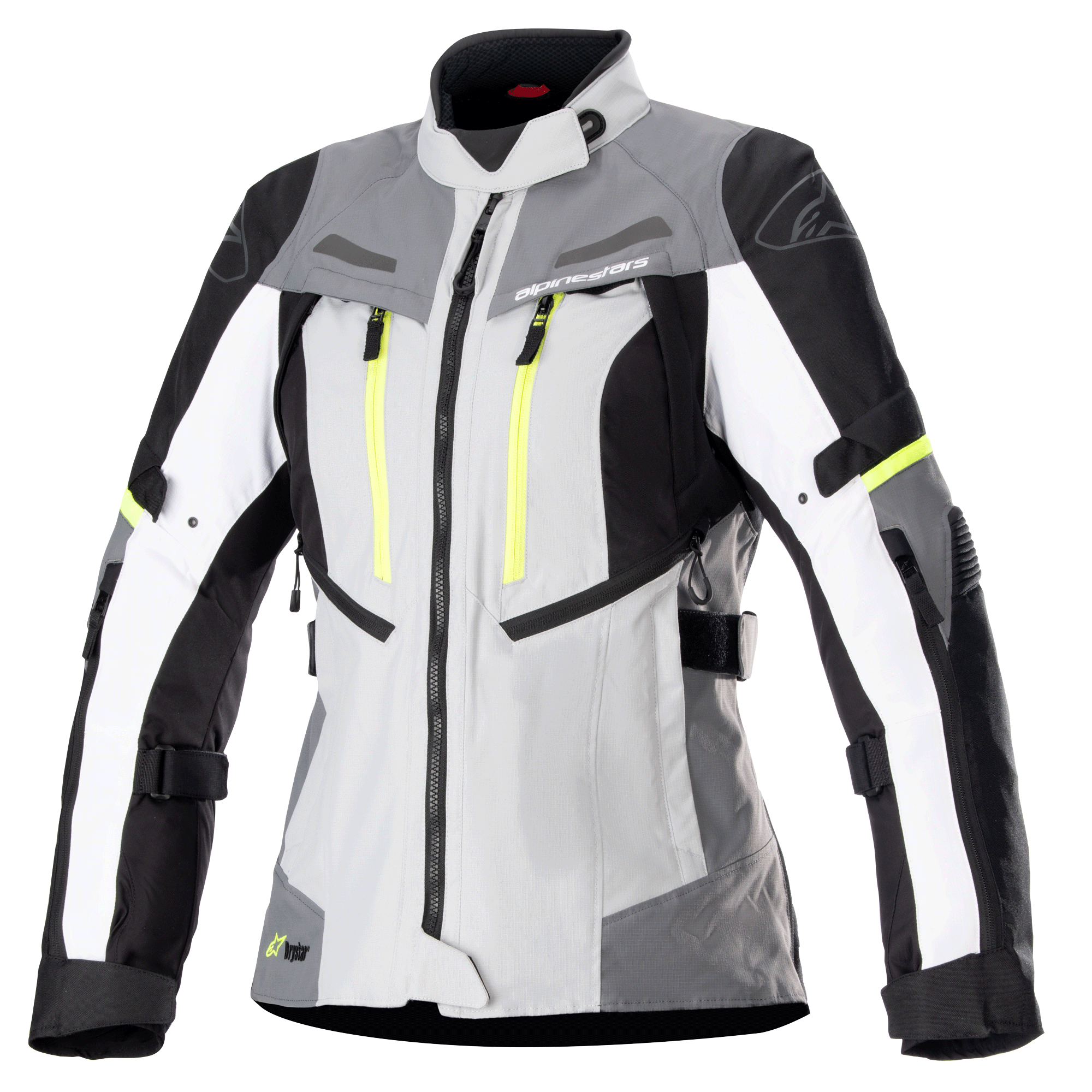 Alpinestars Stella Bogota Pro Drystar dames motorjas, touringjas, Ice Gray en donkergrijs met witte en neongele accenten, waterdichte textielconstructie met verstelbare riemen en ventilatieritsen, vooraanzicht op witte achtergrond