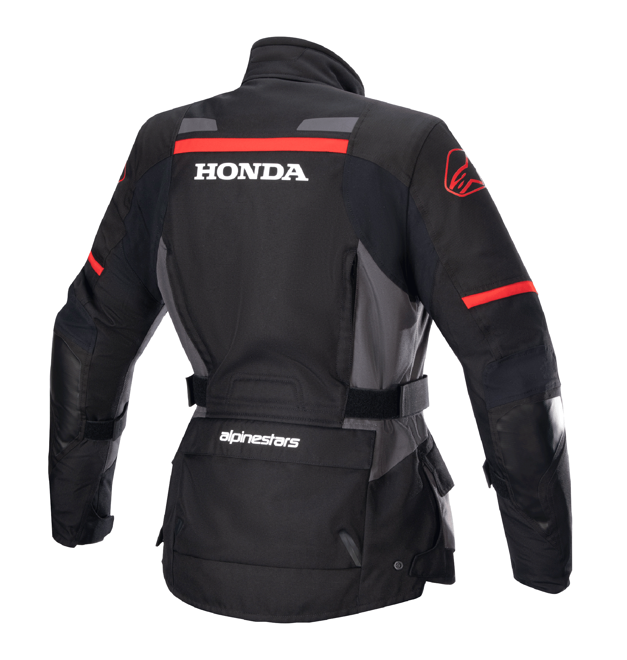 Alpinestars Stella Honda Andes V3 Drystar® damesjas, adventure motorjas, zwart, tar gray en felrood, achteraanzicht met groot wit HONDA-logo en rode Alpinestars-graphics, waterdichte textielconstructie met verstelbare taille en handige zakken