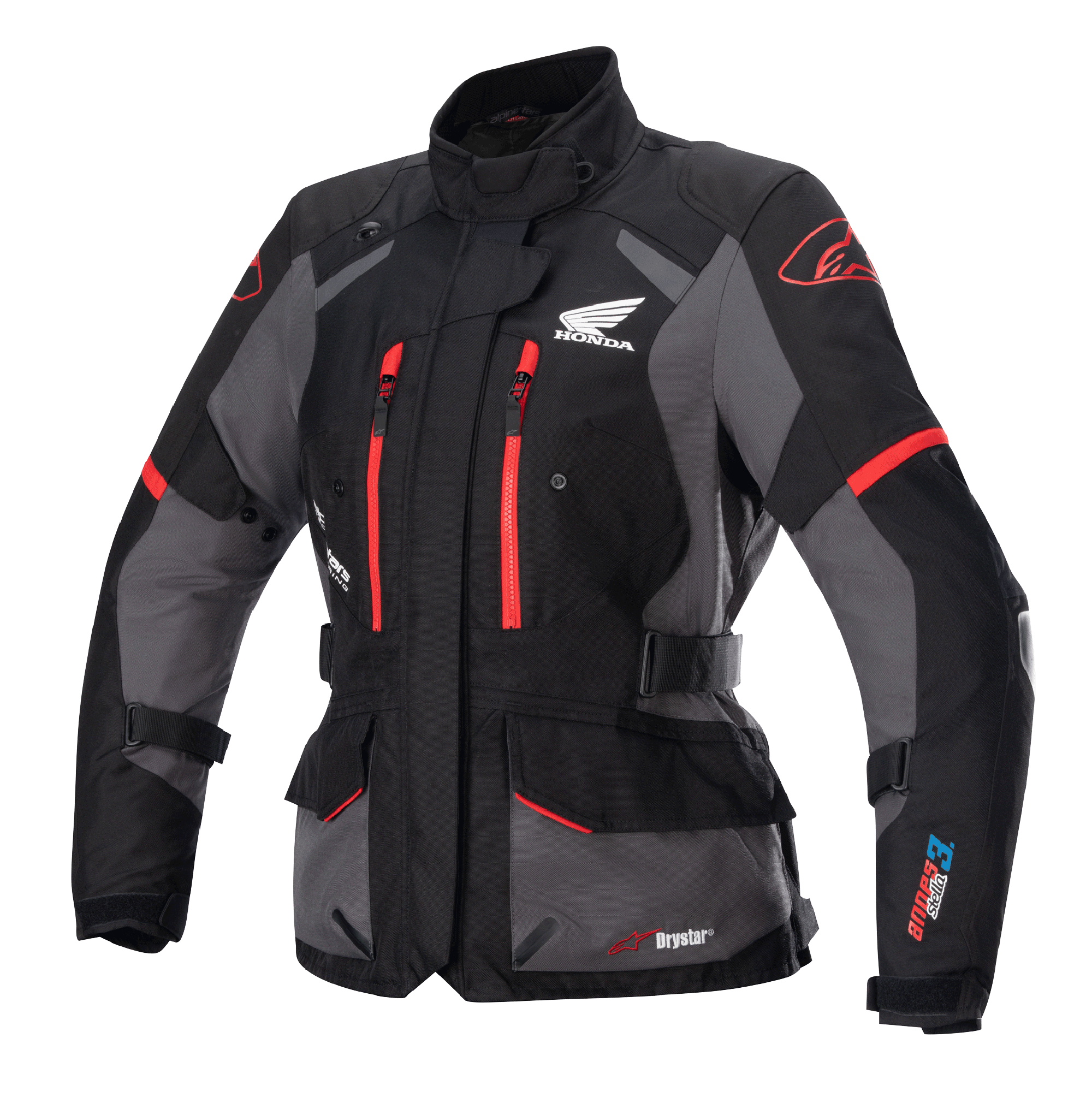 Alpinestars Stella Honda Andes V3 Drystar damesmotorjas, touring motorjas, zwart en grijs met felrode accenten, voorzien van Honda Wing-logo op de borst, rode ritsen, verstelbare taille- en armriemen en duurzame waterdichte constructie