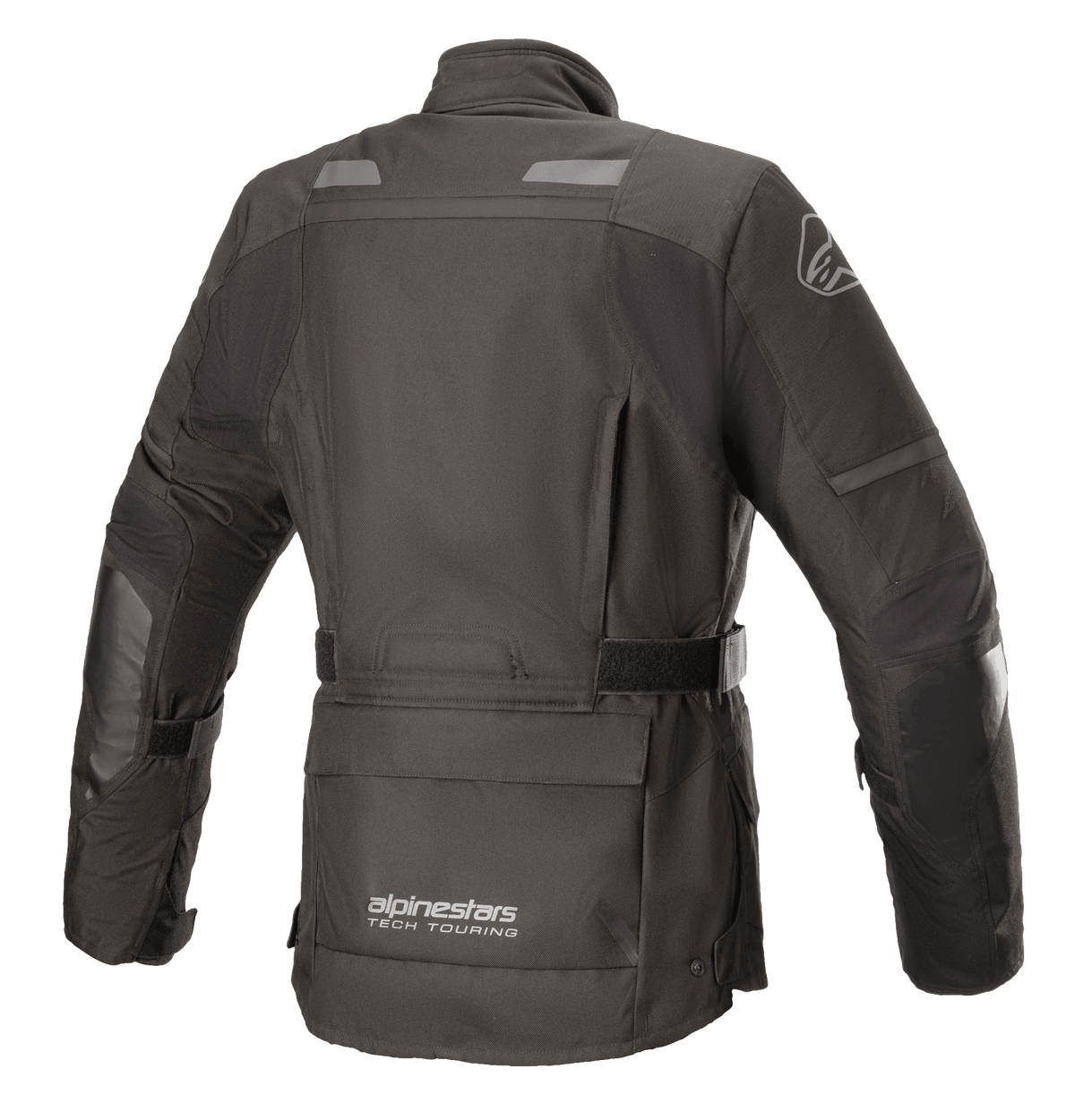 Alpinestars Stella Andes V3 Drystar® damesjas, zwart en donkergrijs, achteraanzicht met waterdichte textielconstructie, grote utility-zak op de onderrug, verstelbare tailleband en reflecterende veiligheidsaccenten.