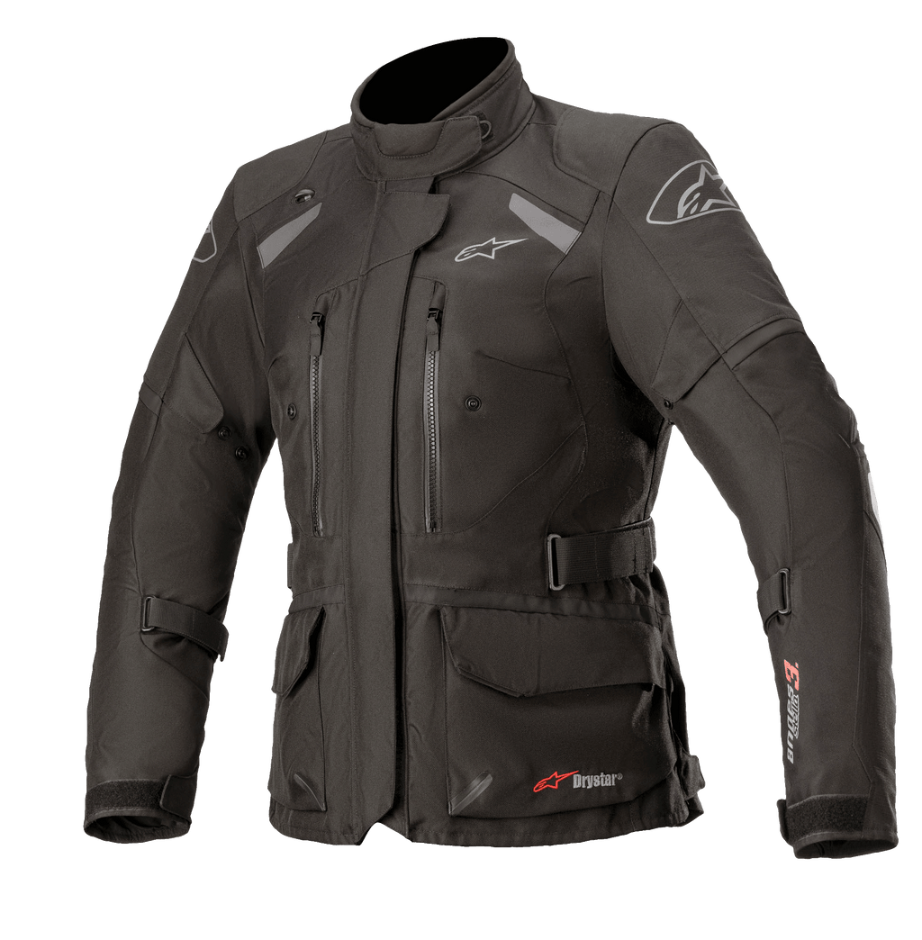 Alpinestars Stella Andes V3 Drystar dames motorjas, adventure touring jas, zwart en donkergrijs, waterdichte textielconstructie, voorzien van meerdere cargo- en borstzakken, verstelbare tailleriem, hoge kraag en reflecterende details voor alle weersomstandigheden.