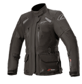 Alpinestars Stella Andes V3 Drystar dames motorjas, adventure touring jas, zwart en donkergrijs, waterdichte textielconstructie, voorzien van meerdere cargo- en borstzakken, verstelbare tailleriem, hoge kraag en reflecterende details voor alle weersomstandigheden.