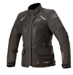 Alpinestars Stella Andes V3 Drystar dames motorjas, adventure touring jas, zwart en donkergrijs, waterdichte textielconstructie, voorzien van meerdere cargo- en borstzakken, verstelbare tailleriem, hoge kraag en reflecterende details voor alle weersomstandigheden.