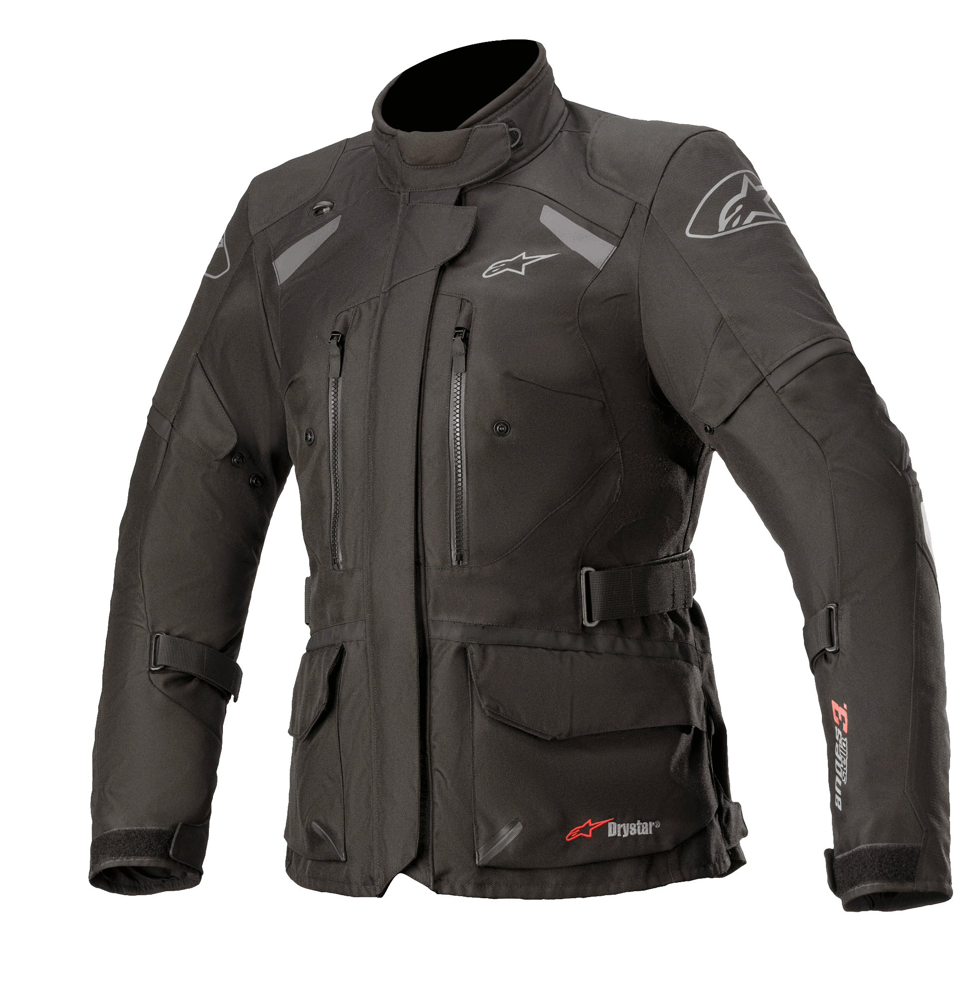 Alpinestars Stella Andes V3 Drystar dames motorjas, adventure touring jas, zwart en donkergrijs, waterdichte textielconstructie, voorzien van meerdere cargo- en borstzakken, verstelbare tailleriem, hoge kraag en reflecterende details voor alle weersomstandigheden.