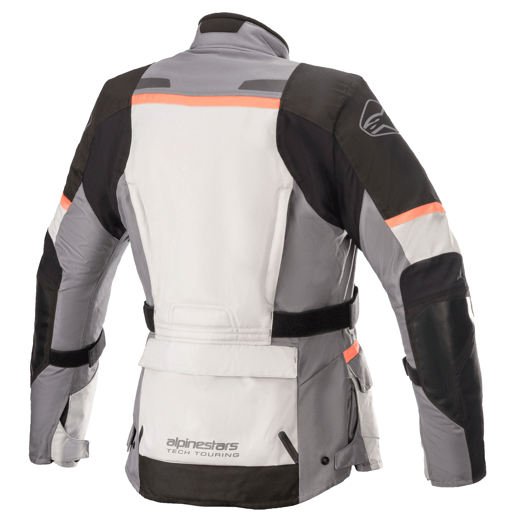 Alpinestars Stella Andes V3 Drystar® damesjas, motorjas, Ice Gray, Dark Gray, zwart en koraalrood, achteraanzicht met een grote opbergzak op de onderrug, verstelbare tailleband en koraalrode accenten op de schouders en rug.