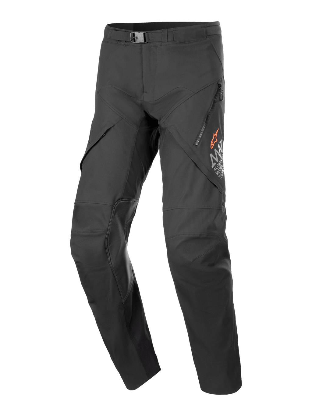 Alpinestars AMT-8 Stretch Drystar XF motorbroek, zwarte touringbroek voor de motor, met ventilatieopeningen met rits op de dijen, oranje ster-logo, verstelbare taillegesp en versterkte kniepanelen, duurzame stretch prestatiestof