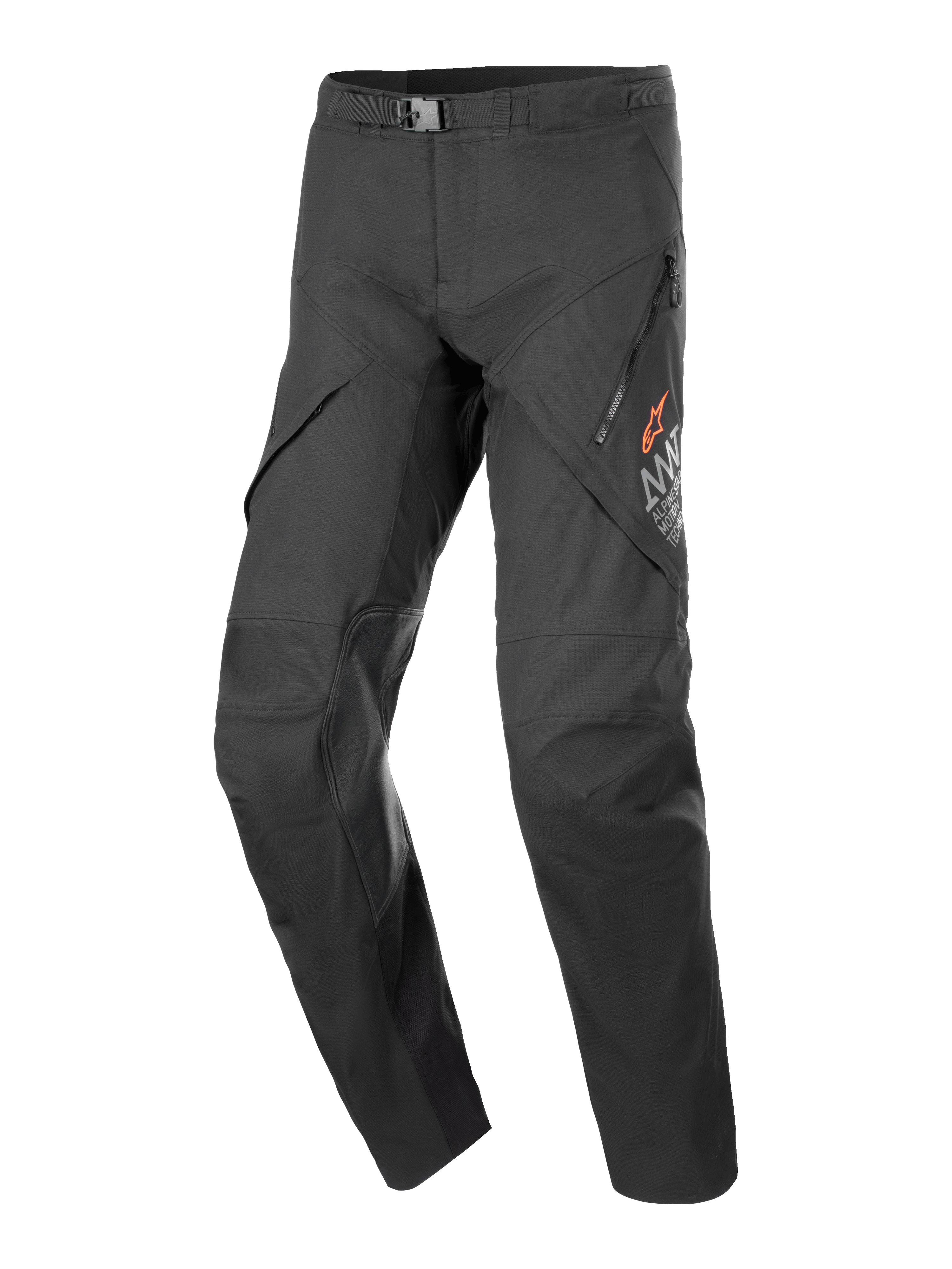 Alpinestars AMT-8 Stretch Drystar XF motorbroek, zwarte touringbroek voor de motor, met ventilatieopeningen met rits op de dijen, oranje ster-logo, verstelbare taillegesp en versterkte kniepanelen, duurzame stretch prestatiestof