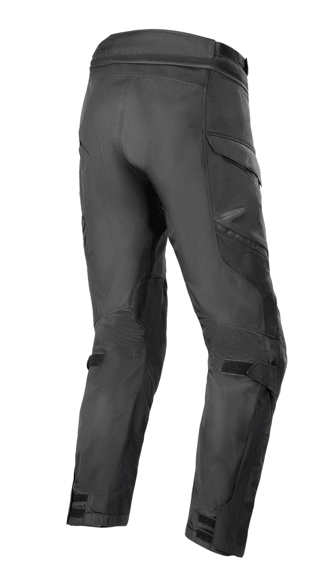 Alpinestars Andes Air Drystar® broek - korte lengte, adventure touring broek, zwart, driekwart achteraanzicht met uitgebreide 2D-meshpanelen voor luchtstroom, voorgevormde beenconstructie en verstelbare banden bij de knieën en enkels.
