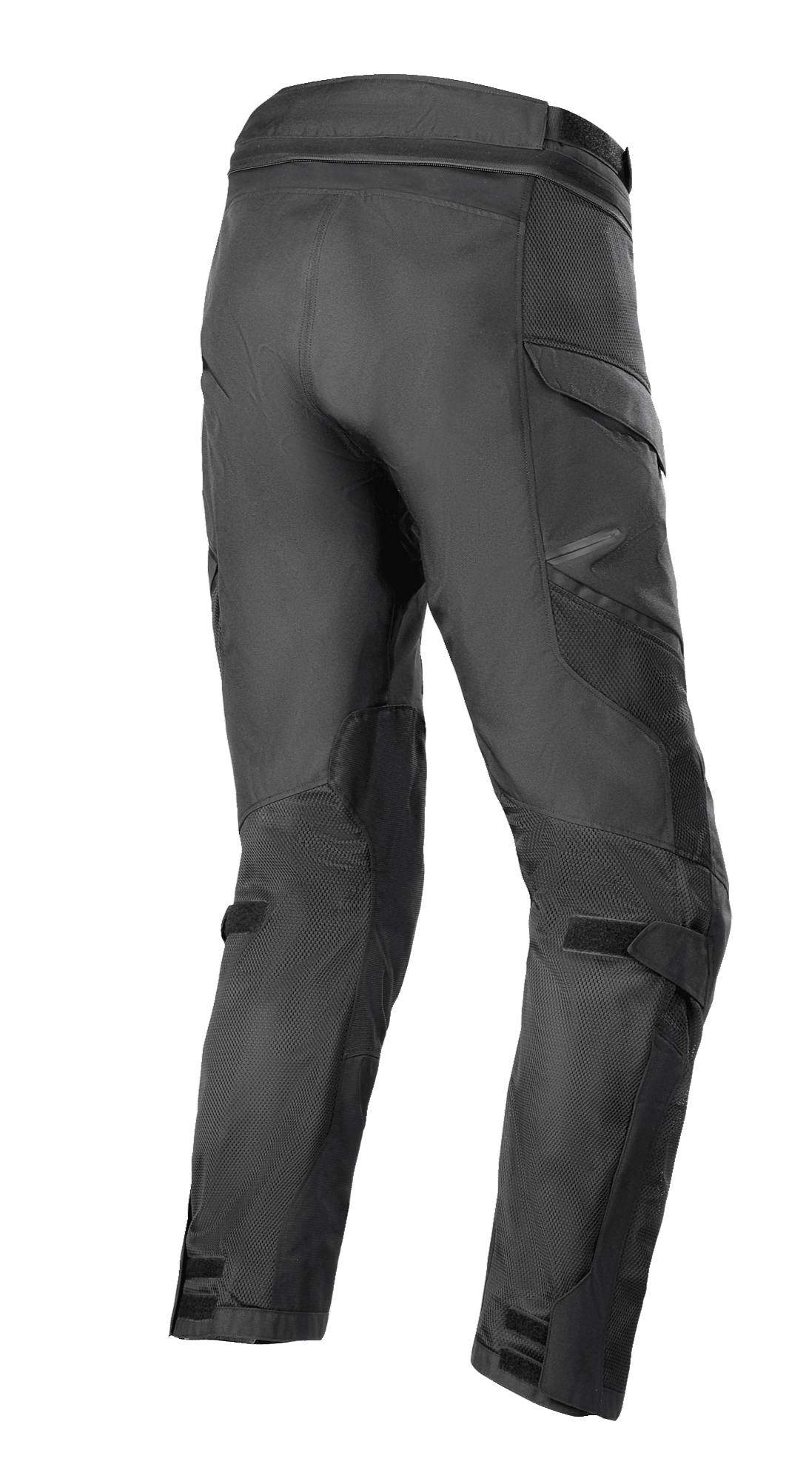 Alpinestars Andes Air Drystar® broek - korte lengte, adventure touring broek, zwart, driekwart achteraanzicht met uitgebreide 2D-meshpanelen voor luchtstroom, voorgevormde beenconstructie en verstelbare banden bij de knieën en enkels.