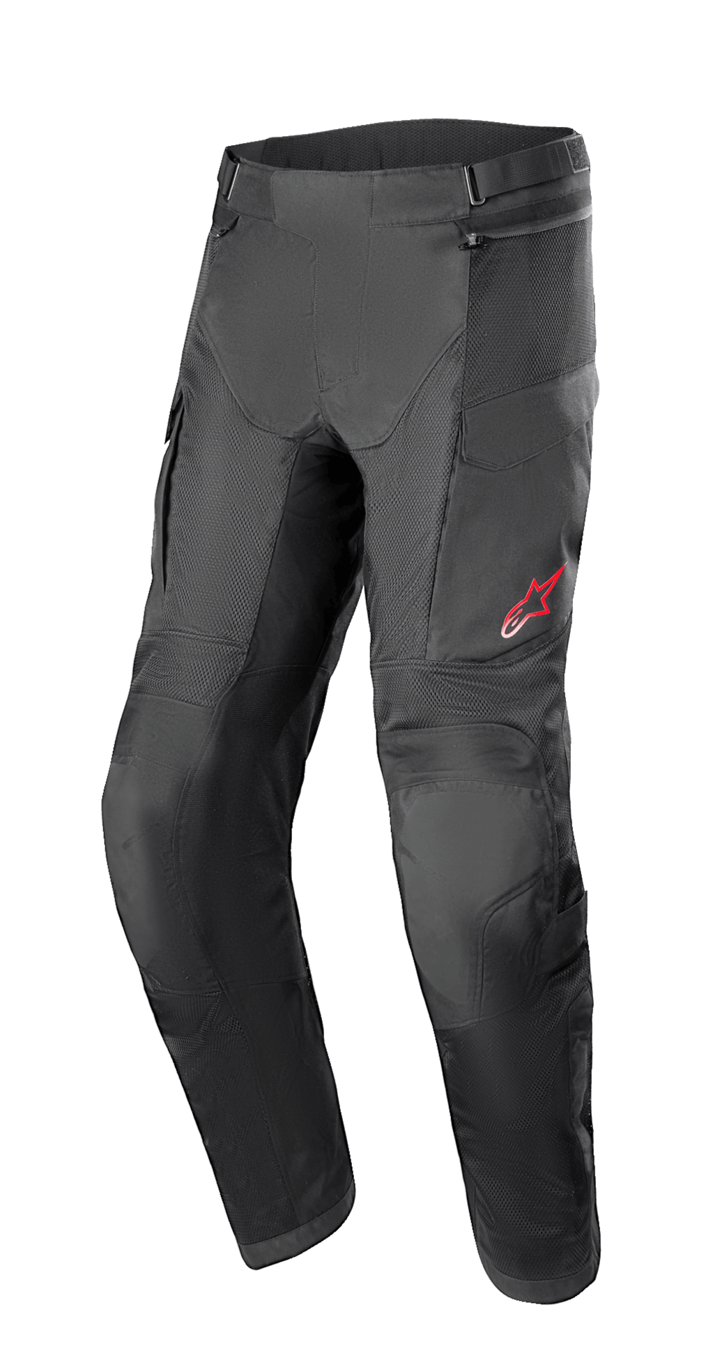 Alpinestars Andes Air Drystar Pant - korte lengte, zwarte motor touringbroek, mesh ventilatiepanelen, verstevigde kniebescherming, cargozakken, klein rood logo op linker bovenbeen, verstelbare taillebanden