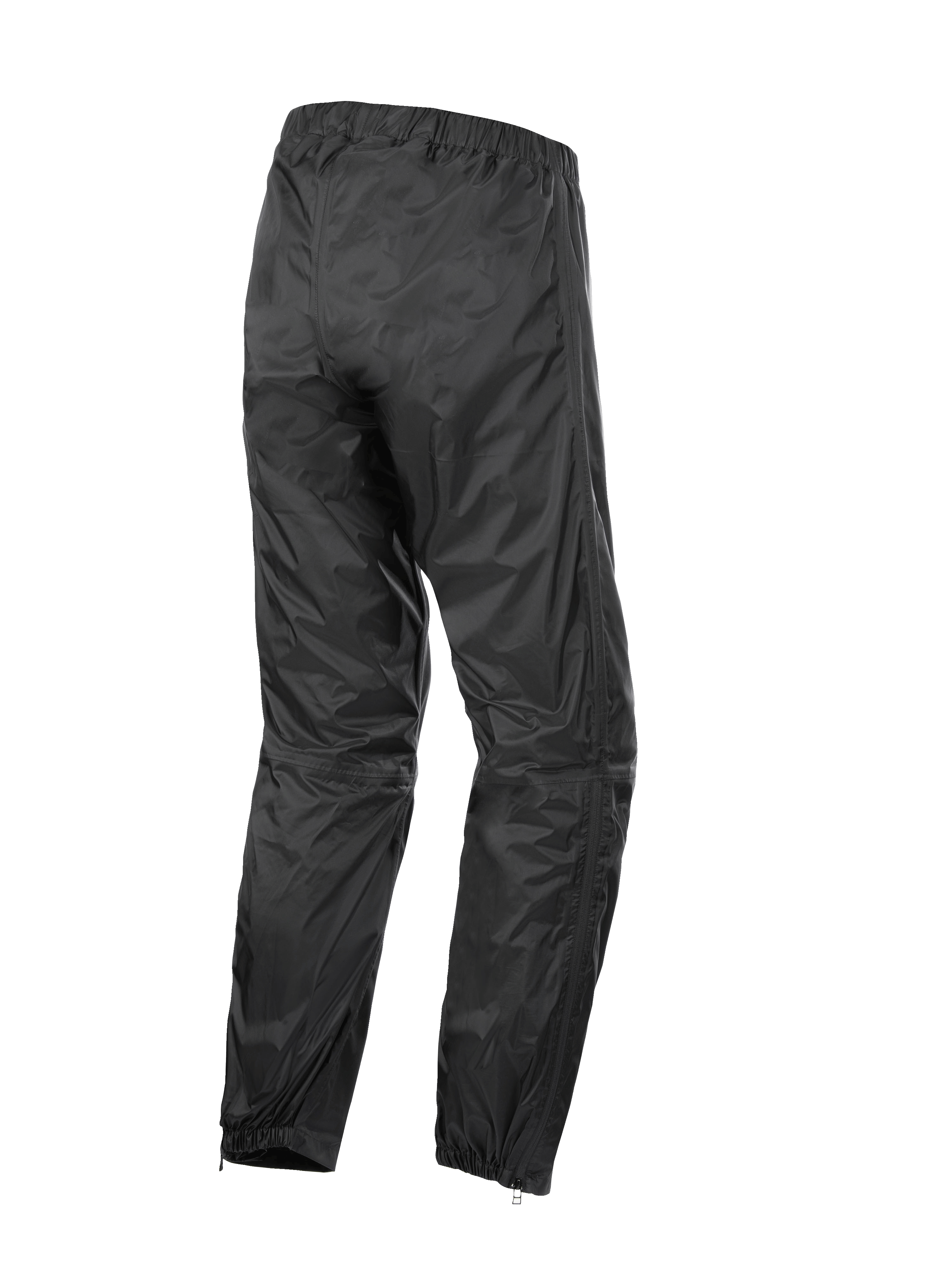 Alpinestars Hurricane Rain V2-broek, waterdichte motoroverbroek, zwart, achteraanzicht met elastische tailleband en manchetten, lichtgewicht windbestendige gelamineerde stof met ritsen aan de onderbenen voor gemakkelijke toegang tot laarzen, beschermende kleding voor road- en adventure-touring