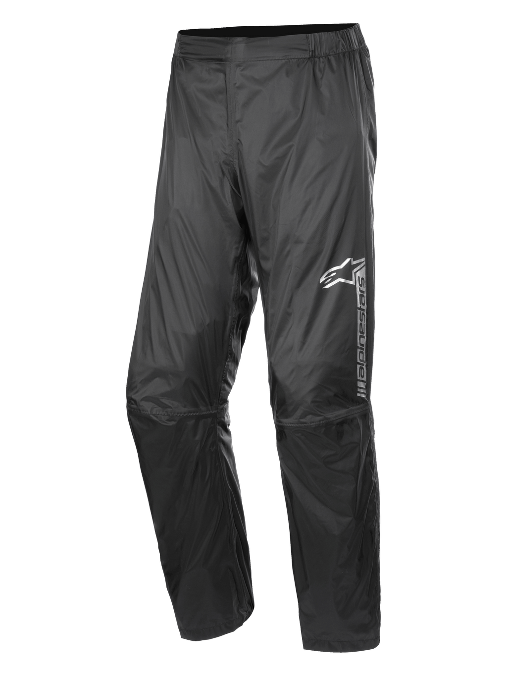 Alpinestars Hurricane Rain V2 Pant, waterdichte motorregenbroek, zwart, met reflecterend logo op het linkerbovenbeen, elastische tailleband, ergonomisch knieontwerp en glanzende windbestendige gelamineerde stof voor road en adventure touring