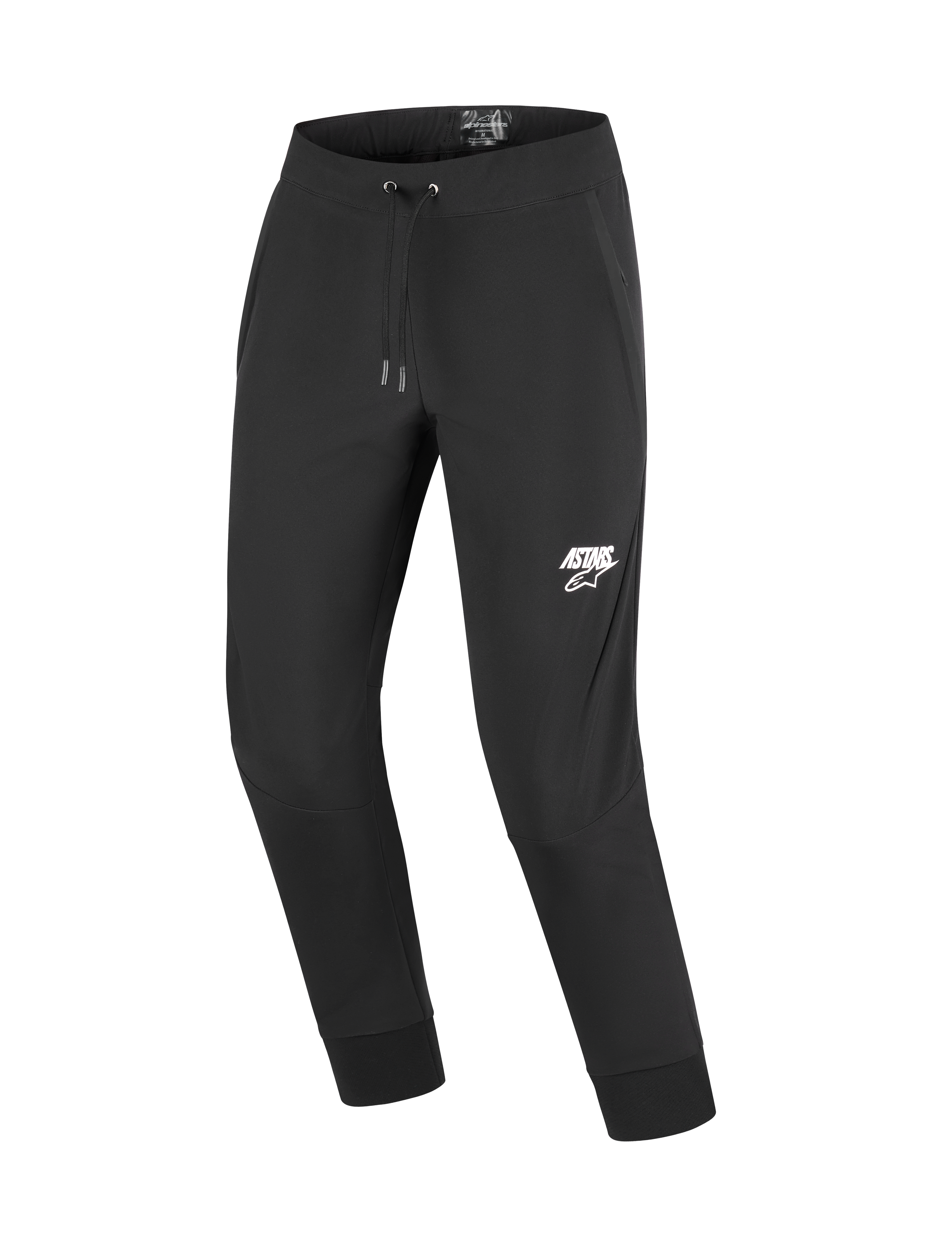 Alpinestars Aeroshell Pants, Motorcycle Softshell Pants, Black with white ASTARS logo on the left thigh, featuring an elastic drawstring waist and ribbed ankle cuffs, designed for urban and casual touring riders