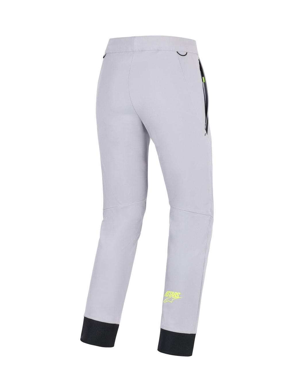 Alpinestars Aeroshell Broek, CE-gecertificeerde crossover motor softshell broek voor heren, mid grijs met geel fluo accenten, achteraanzicht met stretchconstructie, elastische onderzoom en zakdetails