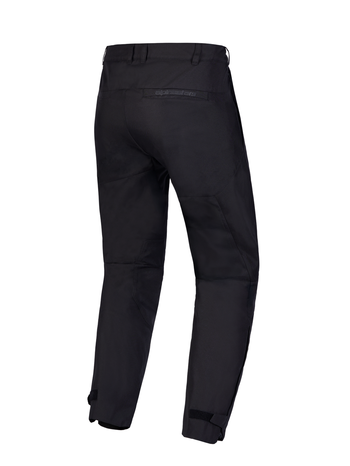 Alpinestars C 1 Waterproof broek, zwarte motorbroek, achteraanzicht met duurzame polyfabric constructie, riemlussen en achterzak met Alpinestars-branding