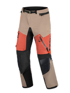 Alpinestars Halo Pro Drystar® XF Laminated Pants, Adventure Motorcycle Pants, Walnut Rust Black, featuring tan and orange panels with black knee reinforcements, large zippered thigh vents, and adjustable waist with magnetic buckle