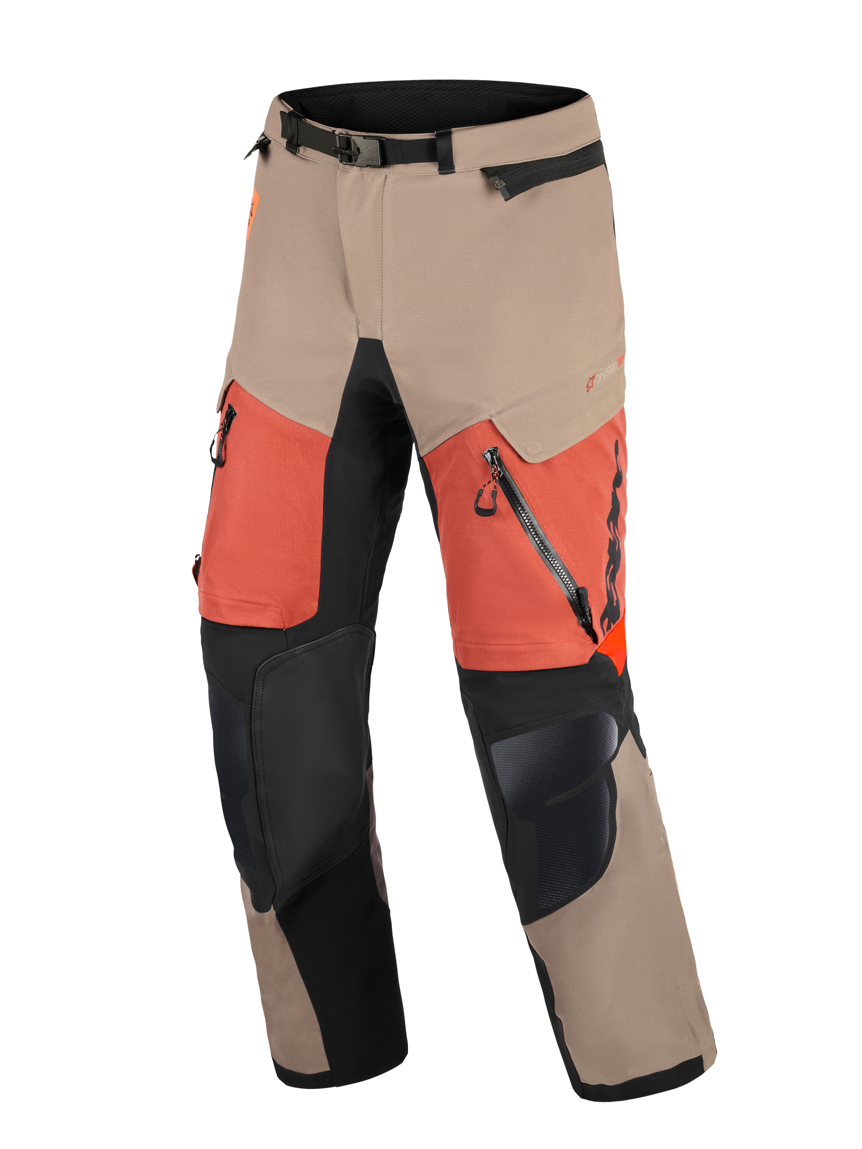 Alpinestars Halo Pro Drystar® XF Laminated Pants, Adventure Motorcycle Pants, Walnut Rust Black, featuring tan and orange panels with black knee reinforcements, large zippered thigh vents, and adjustable waist with magnetic buckle