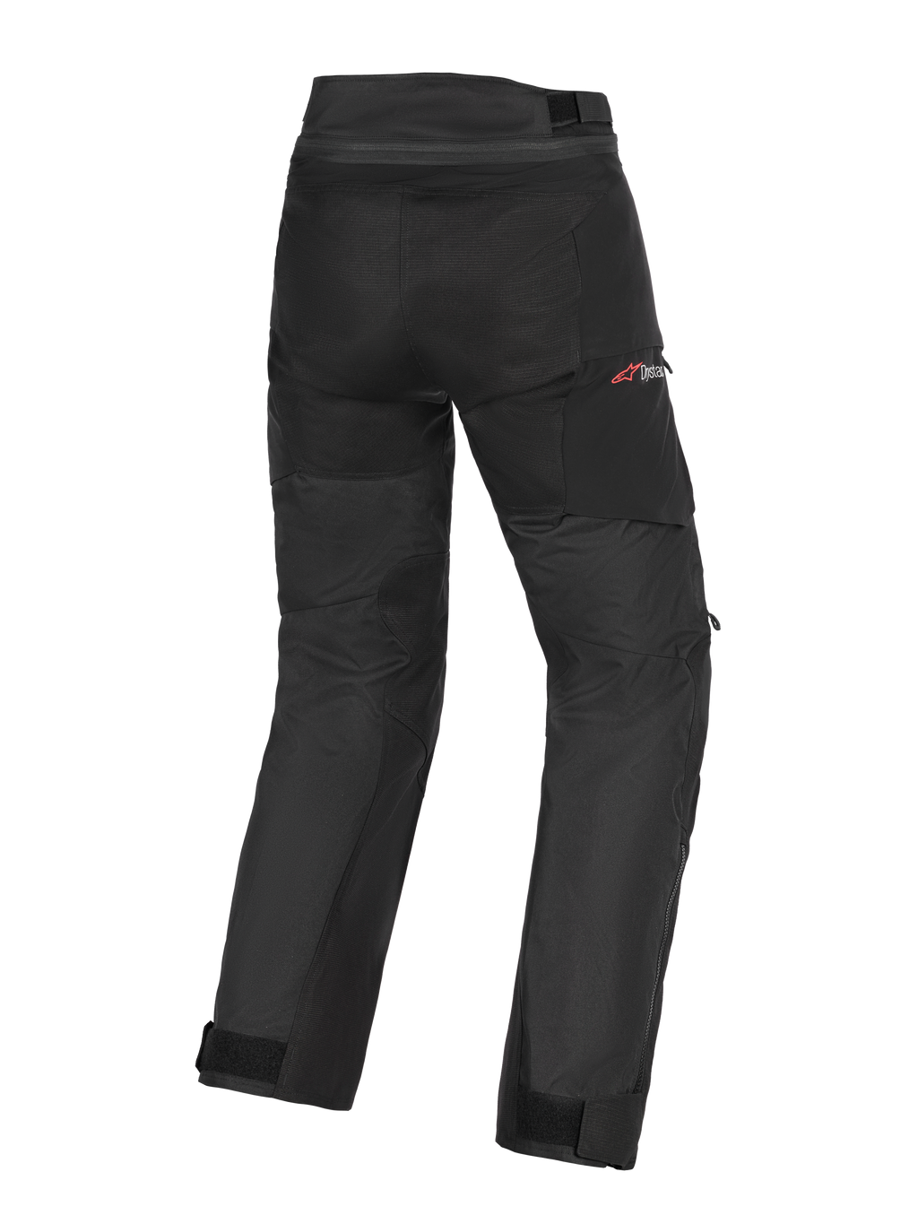 Alpinestars Andes V4 Drystar® Broek, adventure motorbroek, zwart, achteraanzicht met textielconstructie en verstevigd zitvlak en kniegebieden, rood Drystar-logo op de heup, verstelbare taille- en enkelbanden, waterdicht en duurzaam ontwerp voor alle weersomstandigheden