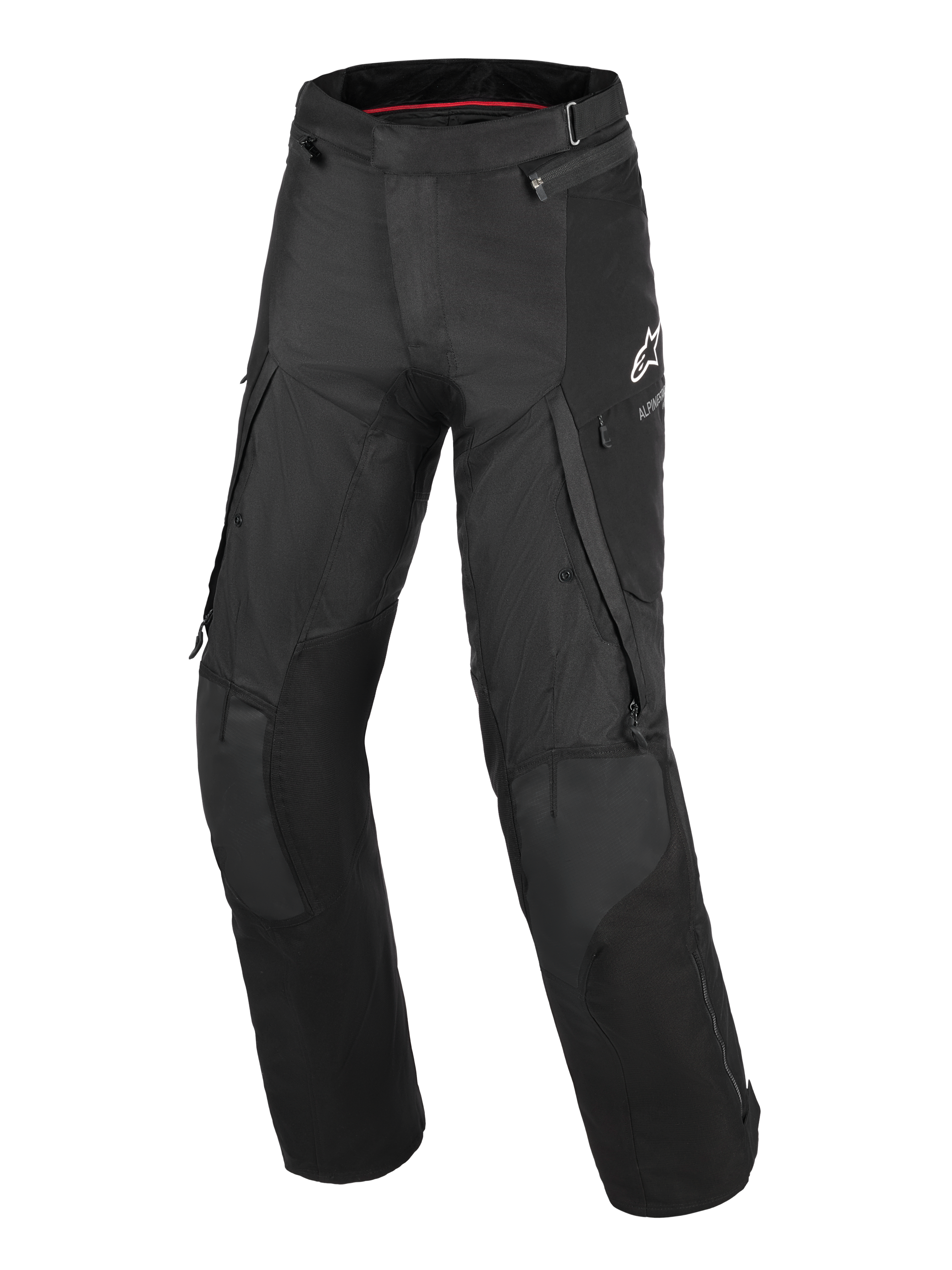Alpinestars Andes V4 Drystar® Broek, touring motorbroek, zwart, met grote cargozakken, verstevigde kniepanelen, wit A-star-logo op de heup en een duurzame textielconstructie voor adventure ritten